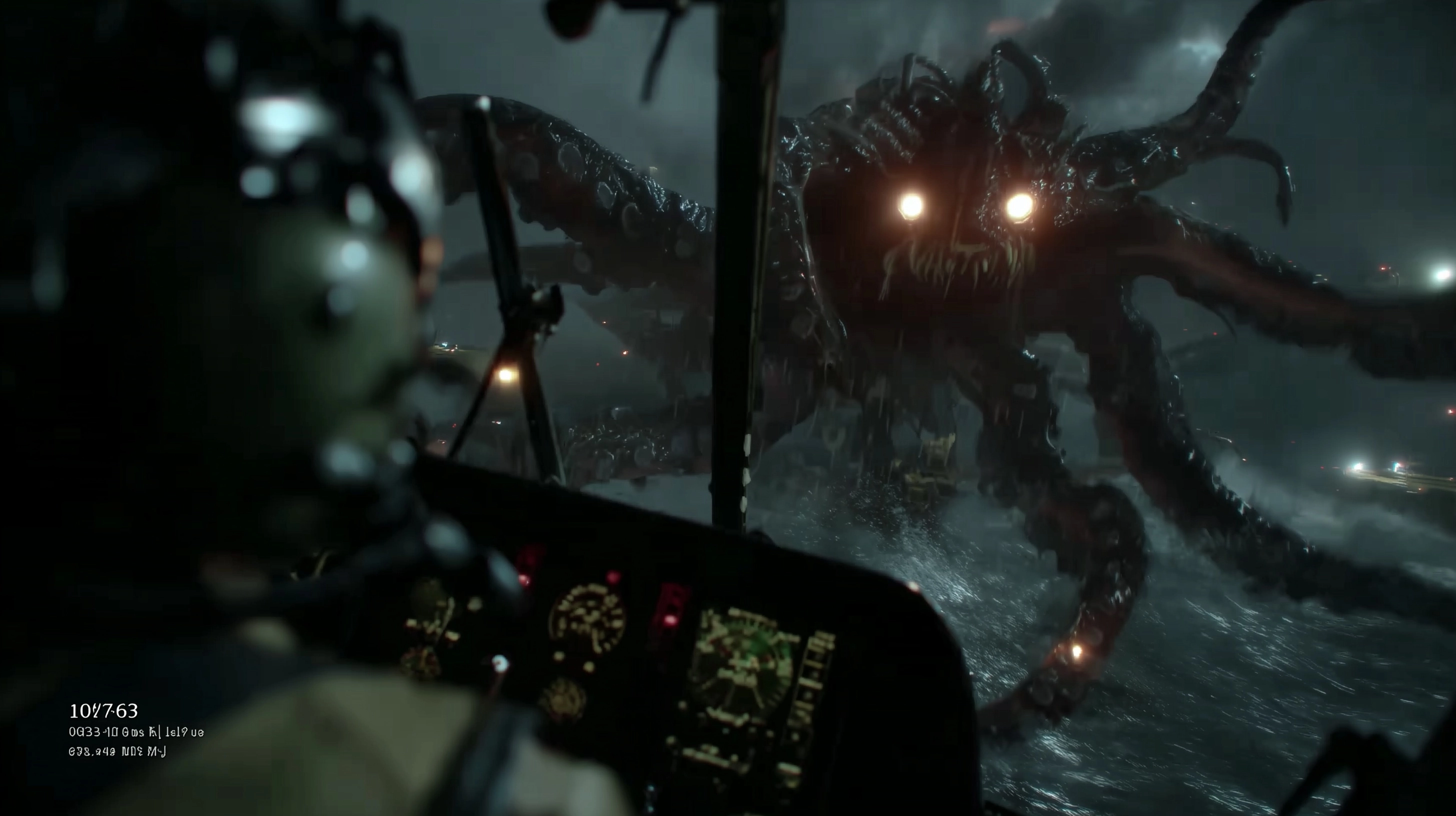 A cinematic medium shot from a first person perspective shows someone flying a helicopter out at sea