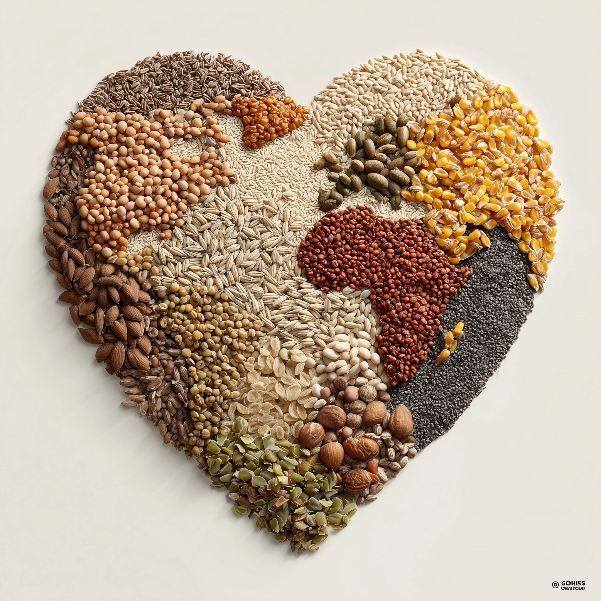A top-down photo of a flat, heart-shaped composition made entirely from real cereal grains