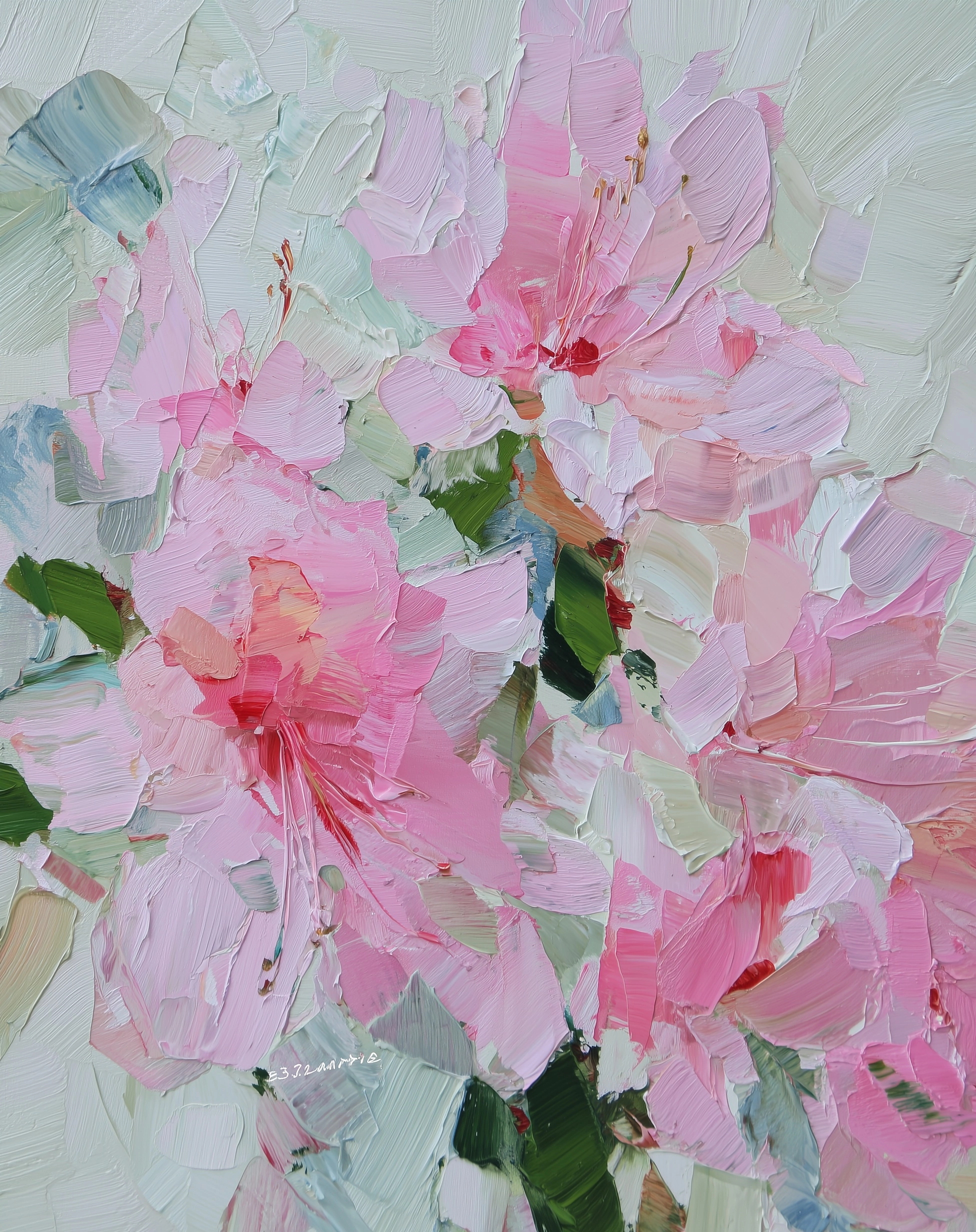 An impressionistic macro painting of pink azaleas. The brushwork is confident and visible thick