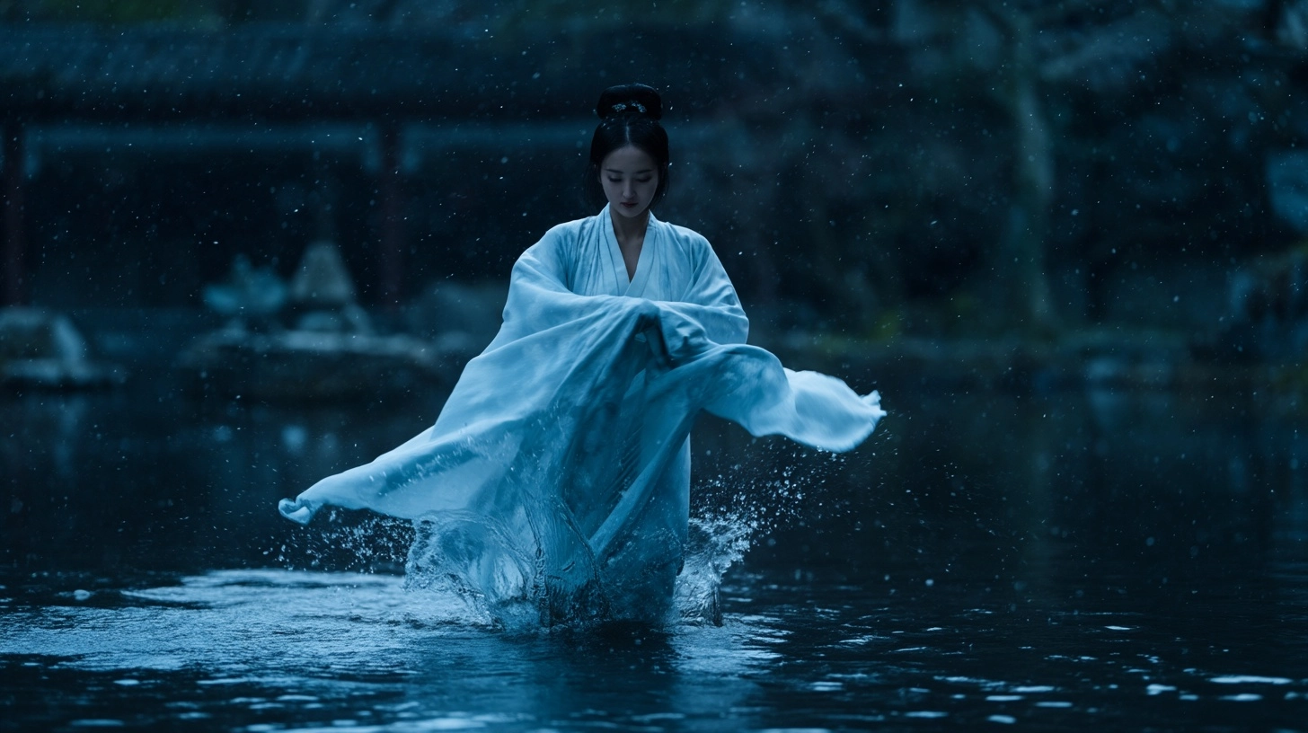 Ancient chinese woman in flowing blue hanfu stepping on dark water, slow motion splash