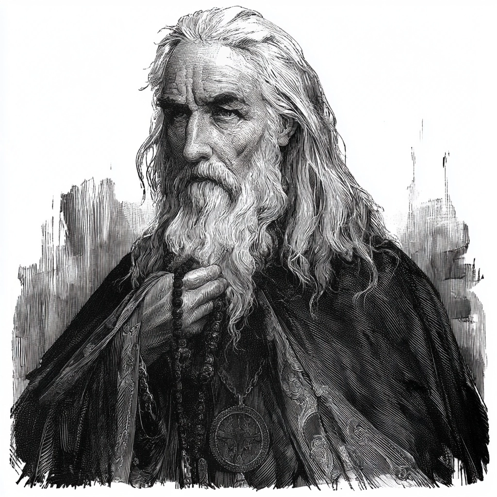 Black and white illustration of eighty-year-old priest, long white hair, weathered grave face