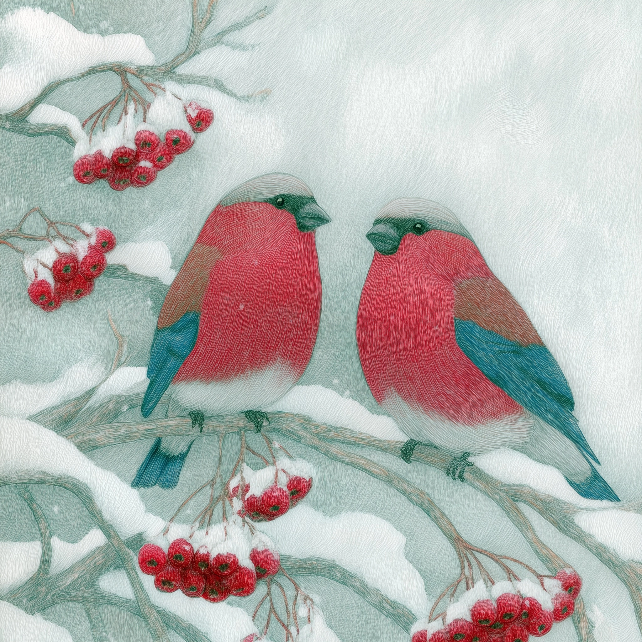 Bullfinches sit on snow-covered tree branches in the style of Soviet postcards from the 1960s and 19