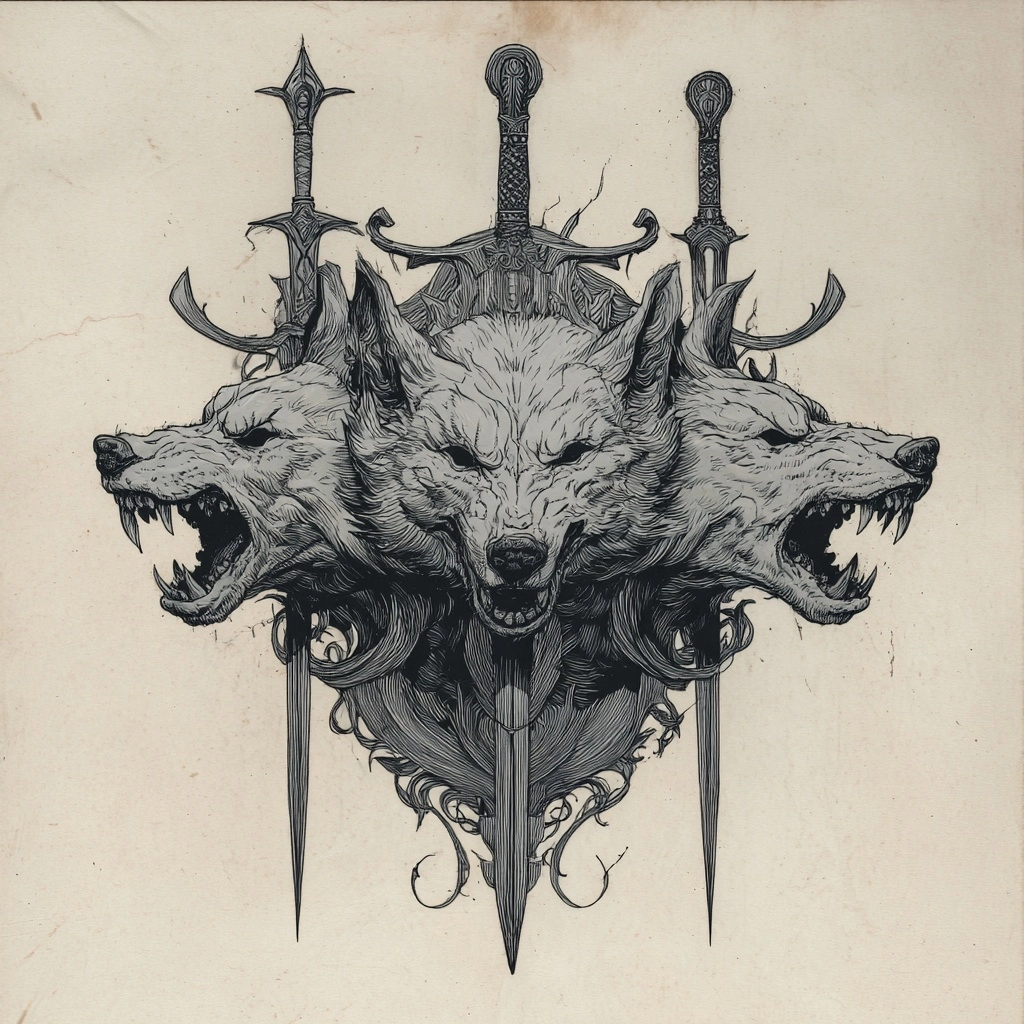 Cerberus drawing dark art , Comic art front view only heads with swords