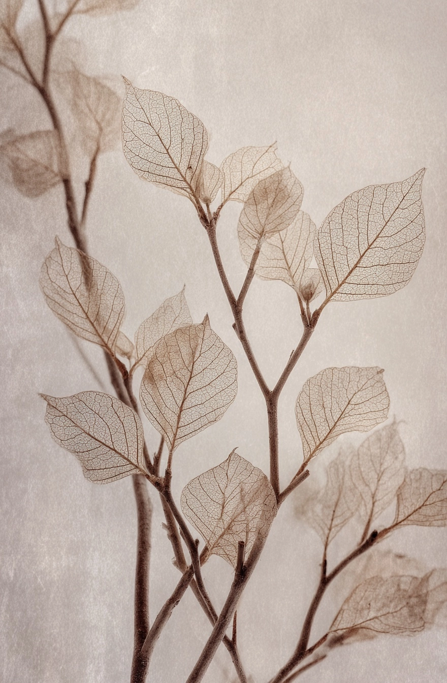 An aged and worn white photograph of delicate, pale leafy plant branches with intricate veins and mu