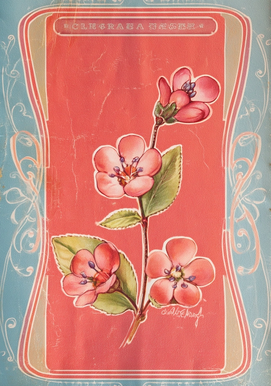 Vintage poster of the chilean bellflower, says "chloraea rosea" at the top in a japanese-style font
