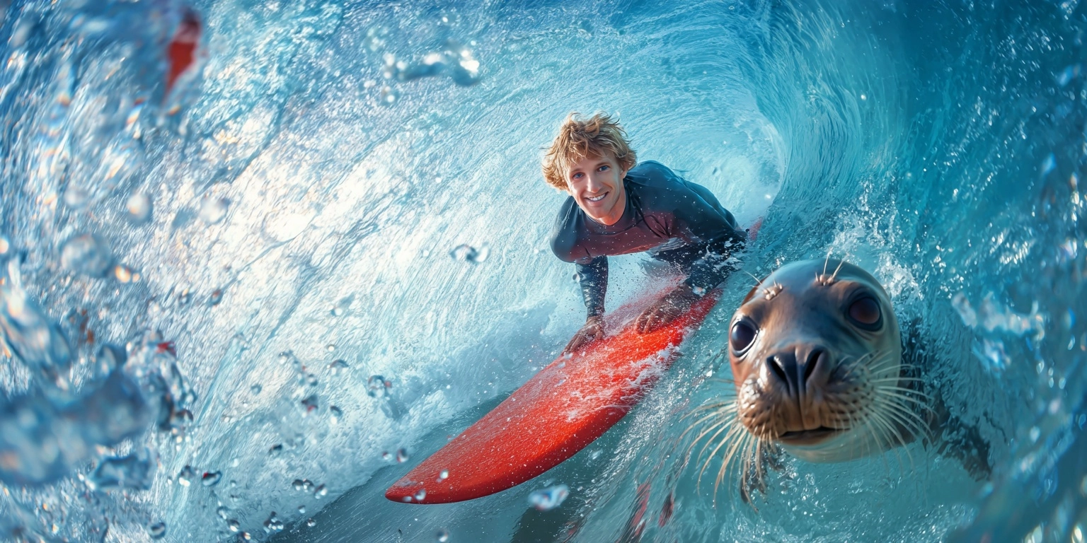 A stunning close-up shot inside a powerful, translucent ocean wave tube. An athletic male surfer is