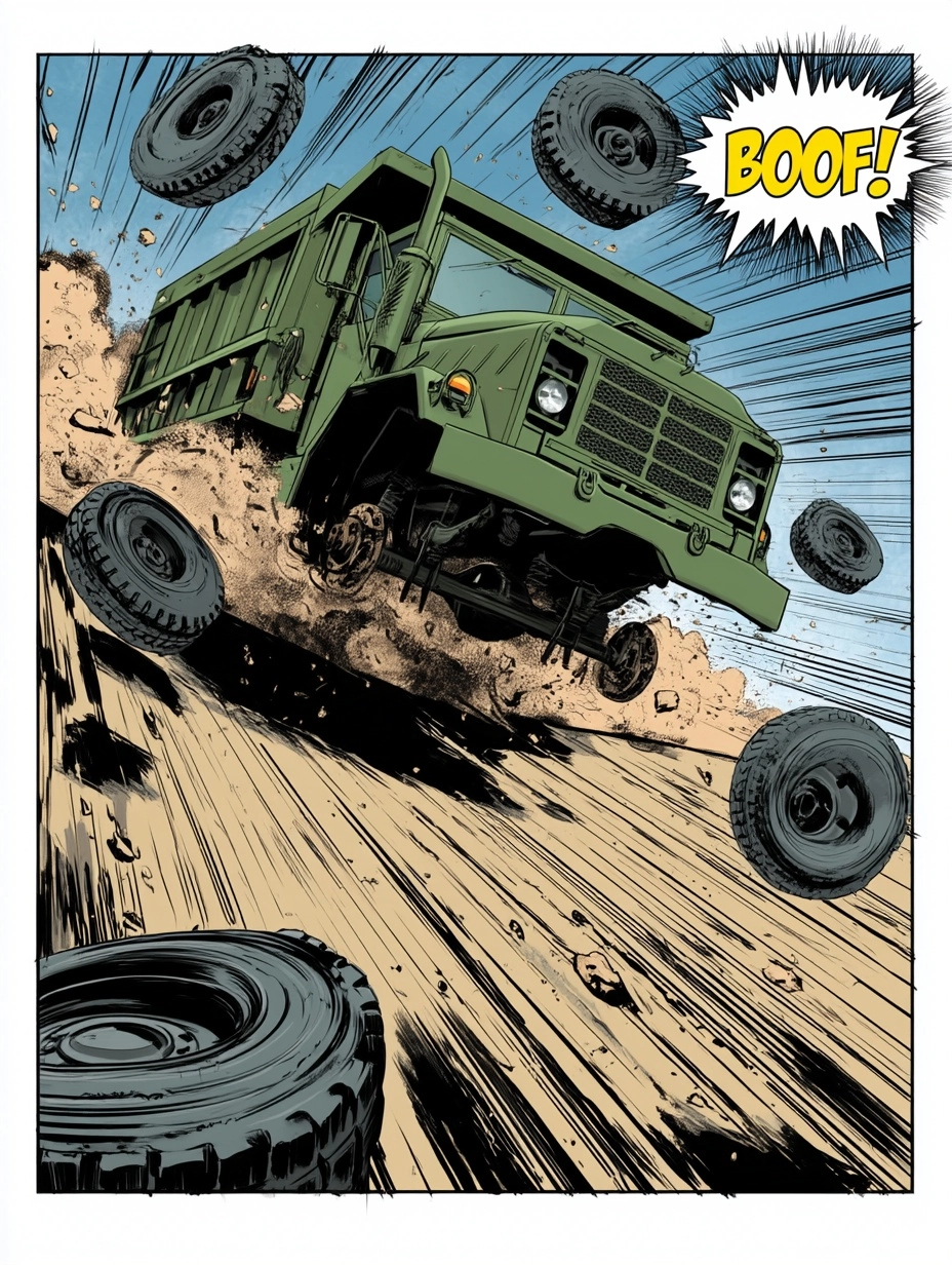 Single-panel borderless comic illustration of a military m939 green dump truck slamming flat into th