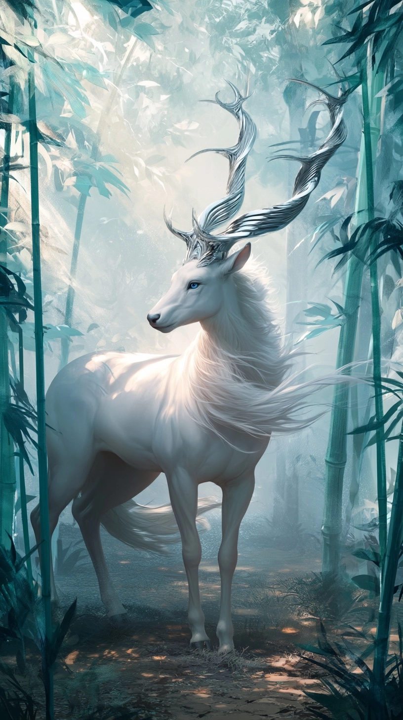 Midshot full-body composition of a kirin-like deer with elegant, full-bodied torso and limbs