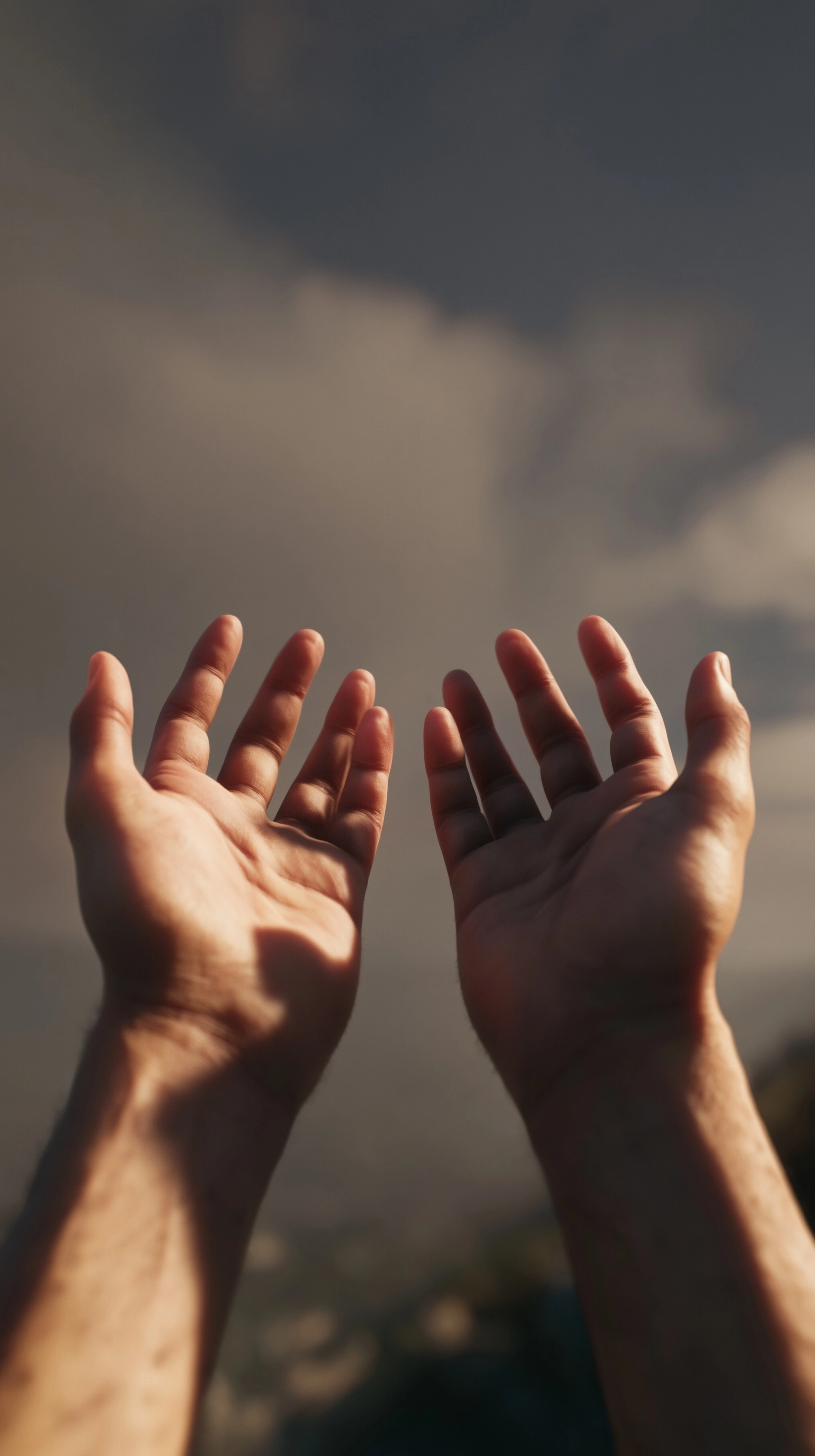 First-person POV, two human hands held up and facing upward toward the sky, palms open