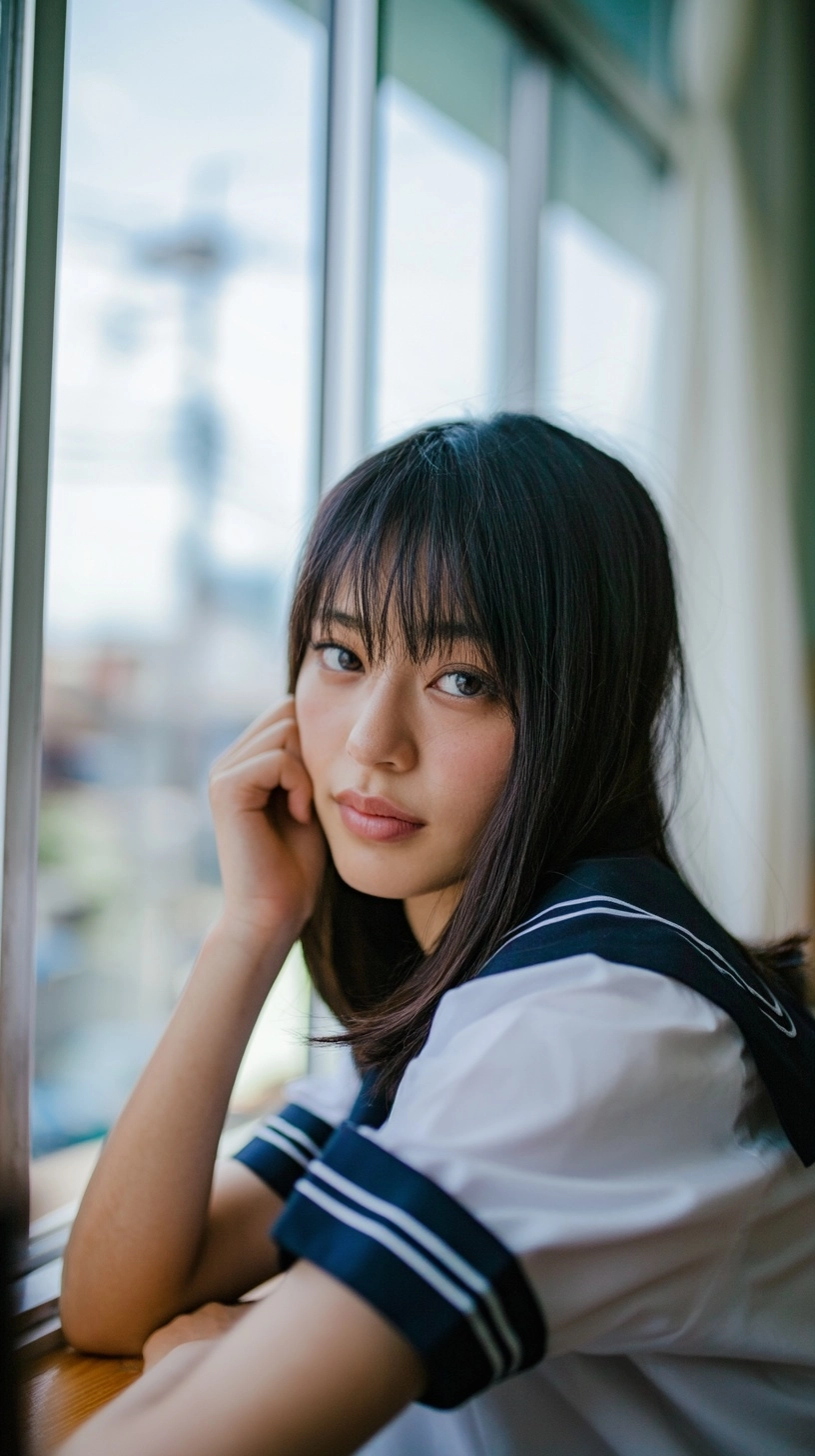 Photorealistic, 35mm film portrait, raw style. An inherently cute Japanese high school student. Flaw