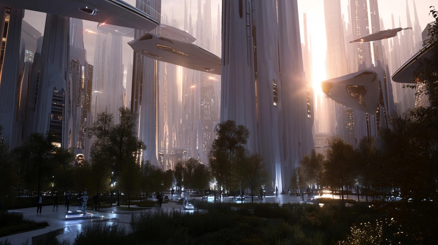 Vivid holographic megastructure scale dusk view in spring , white buildings, flying cars