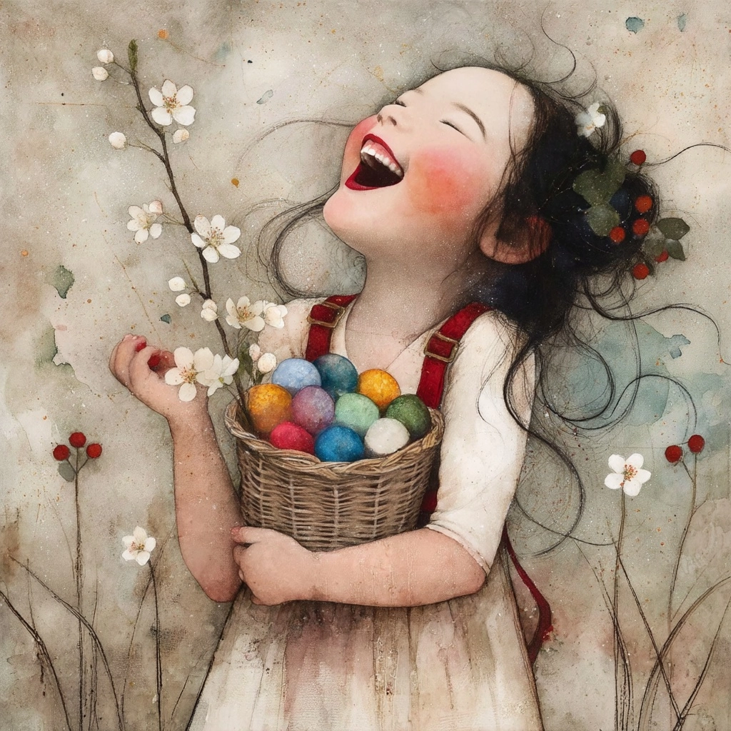 A little girl laughing out loud holding her colourful Easter eggs apple blossom Whimsical photoreali
