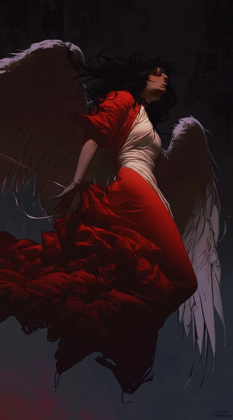 Oil painting of a smiling female angel in dark red and white robes. she is flying at night with her