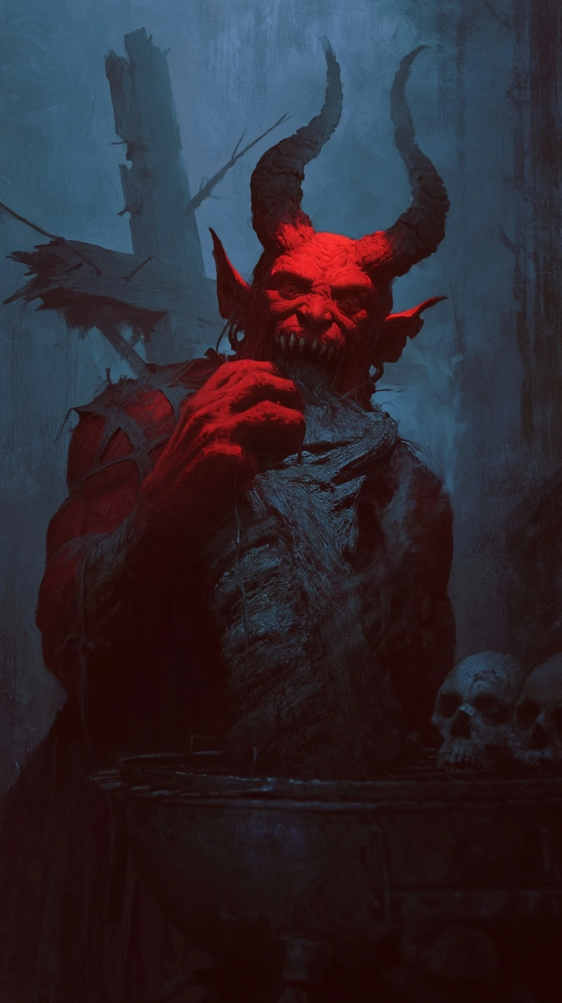 Satan happily chewing a big meat barbeque with a broken wooden cross on the background, evil