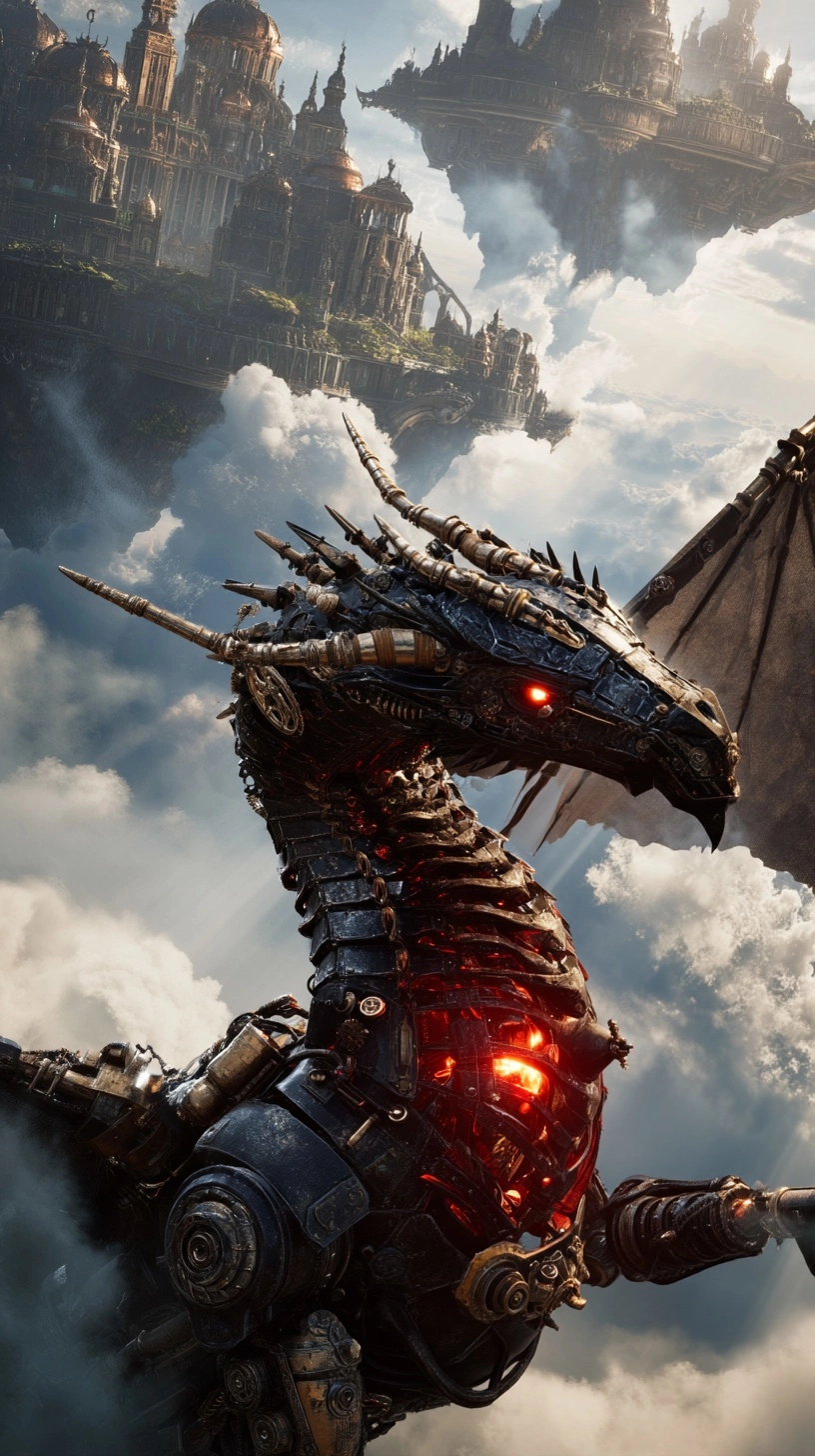 A mechanical dragon, evil style, dozens of meters long, intricate mechanical joints