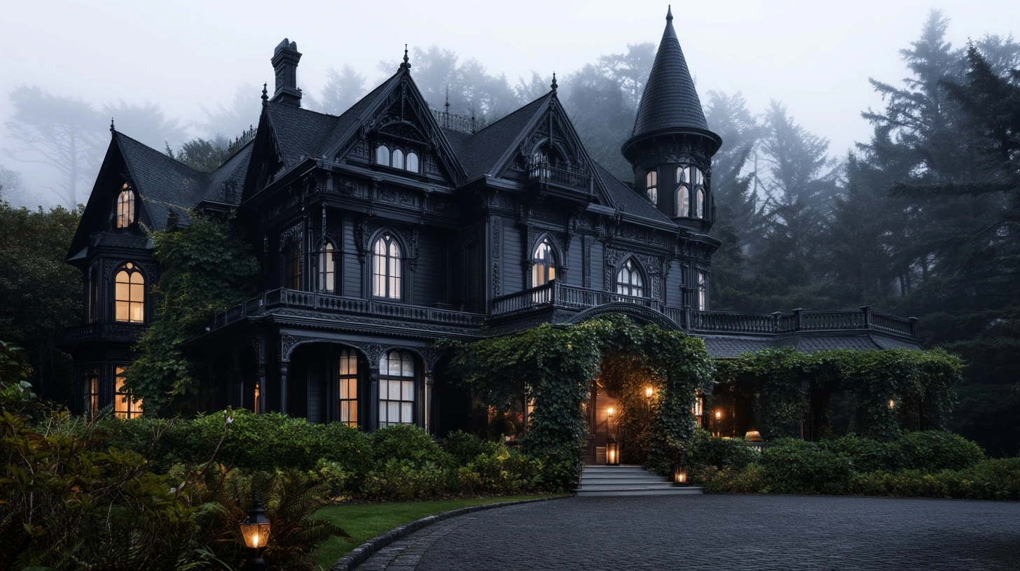 Award winning photography, Full wide shot of a sprawling dark old renovated dense ornate three-story