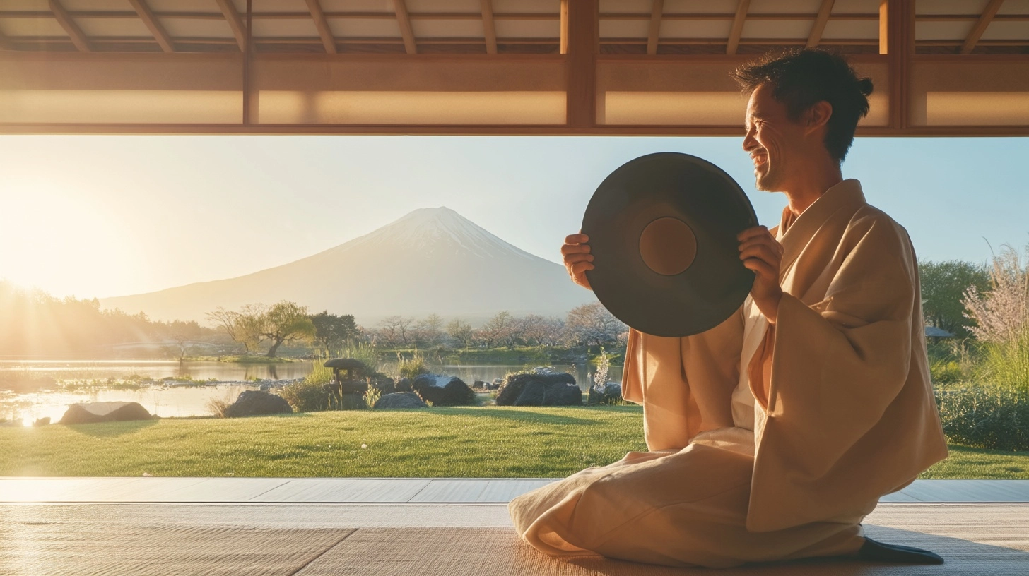 A handsome Japanese man in a beige kimono happily holding a vinyl record. An interior with large ope