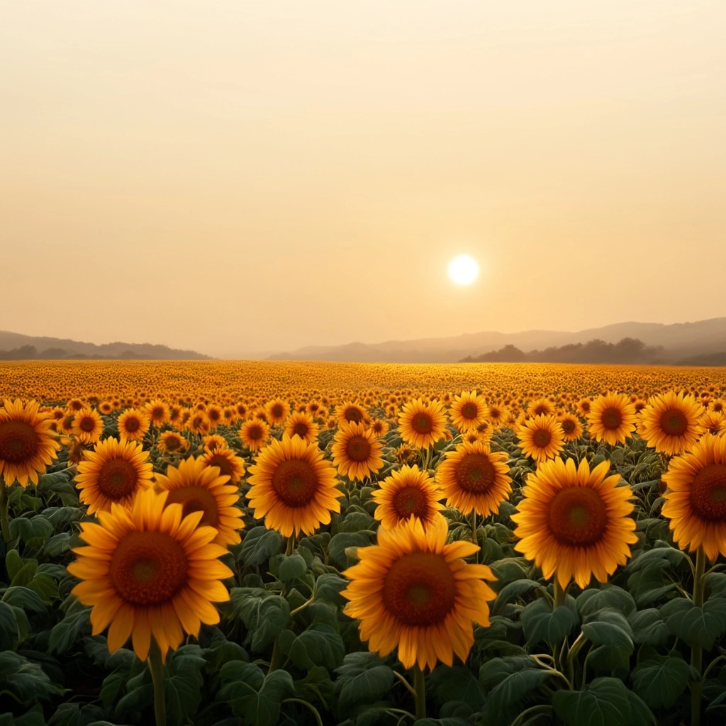 Make me an amazing and super realistic sunflower field with a ray of optimism