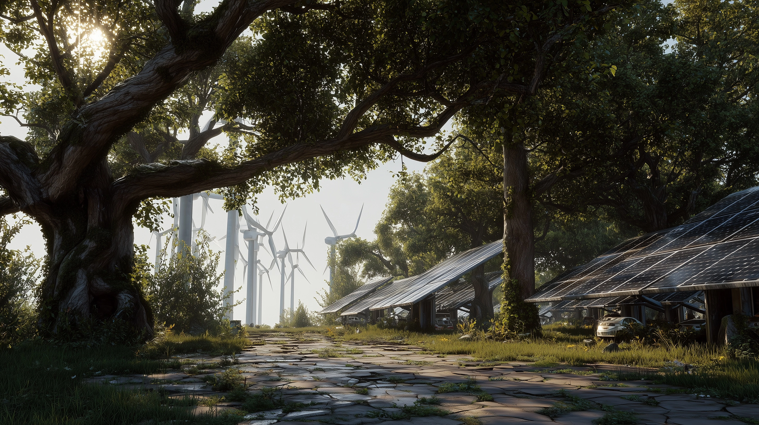 Solar panels and wind turbines with big trees