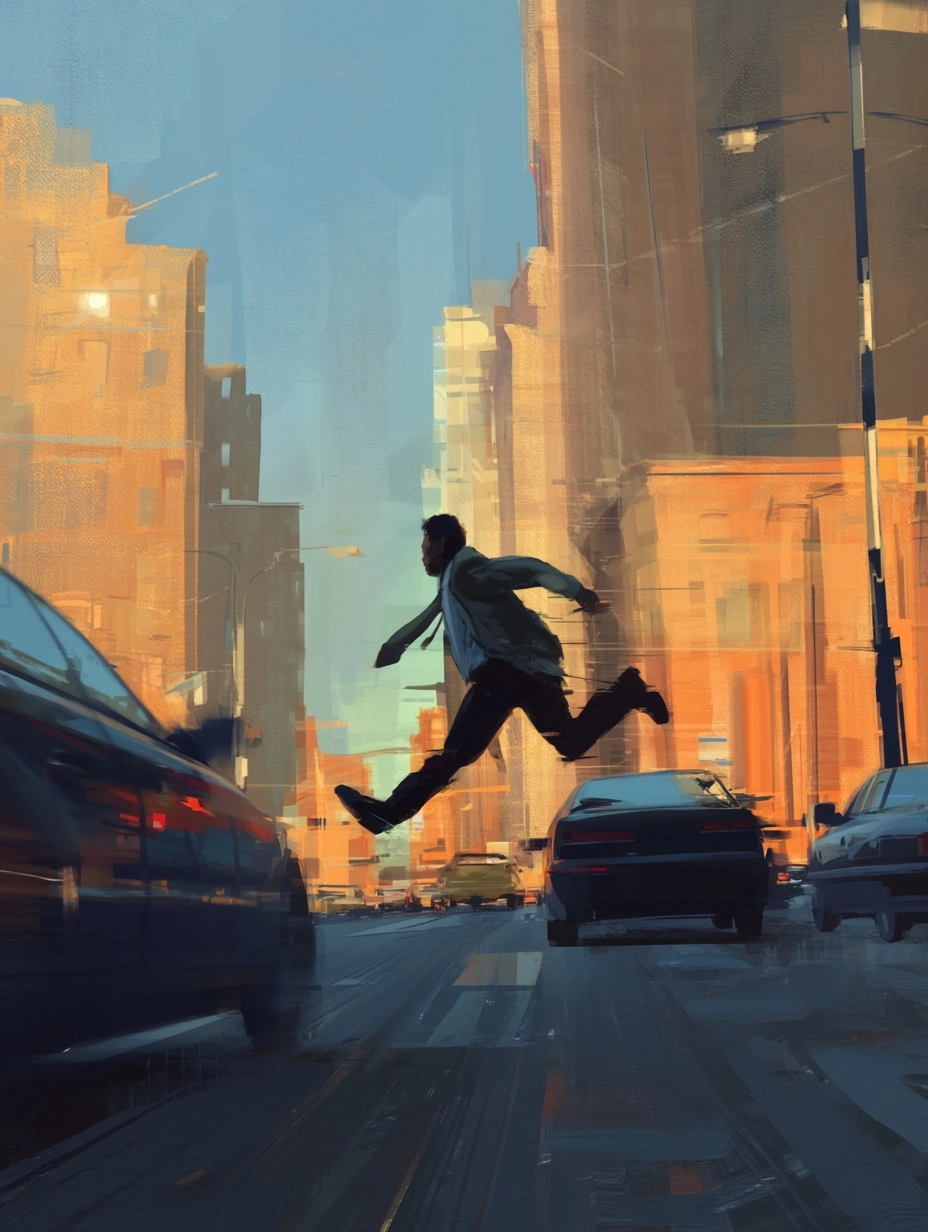 The man runs across the street, jumping over passing cars.
