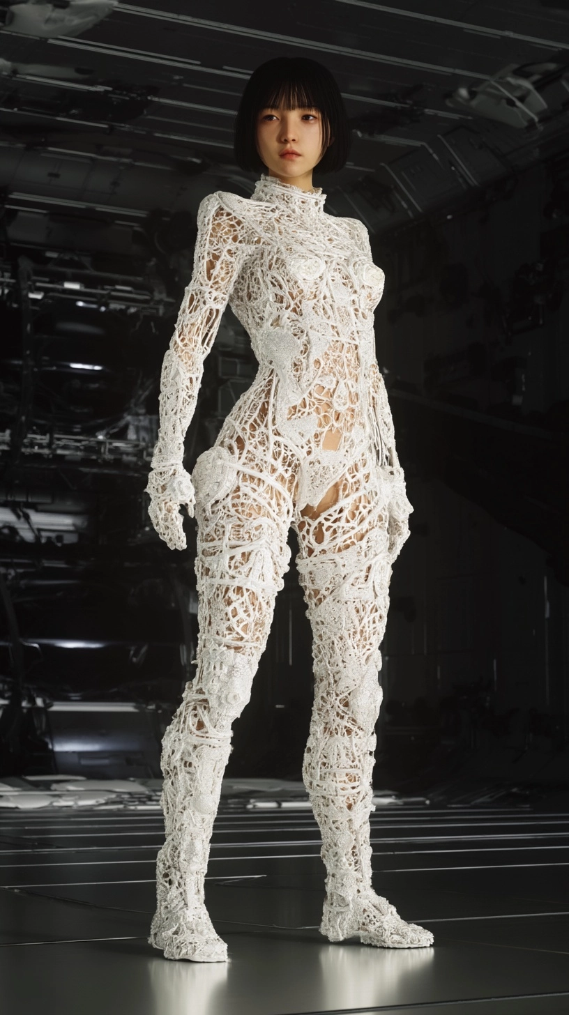 Create a human exoskeleton suit in nacre for a women she is wearing it with no helmet