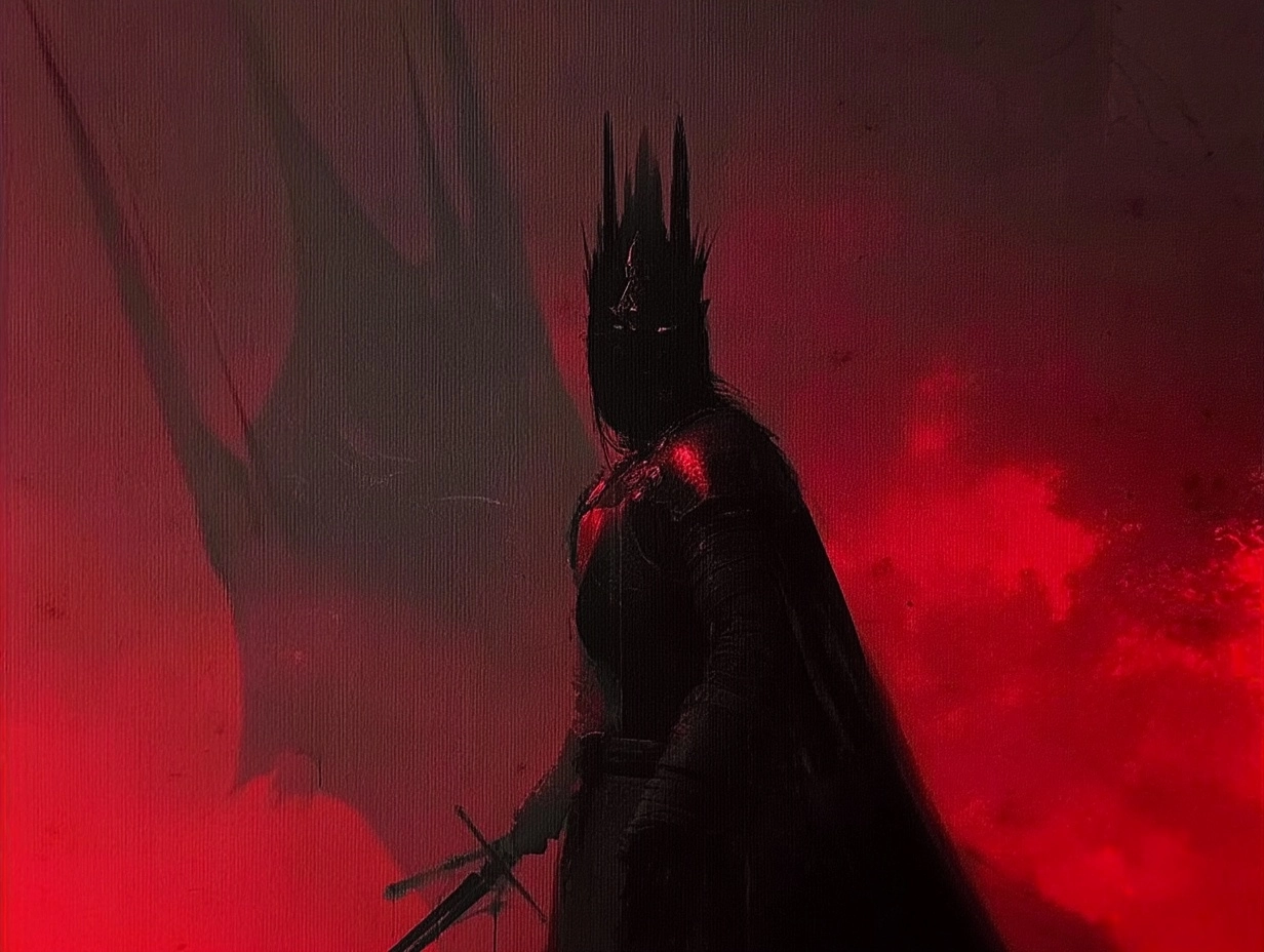 The dark king, a shadowy knight with a crown and sword