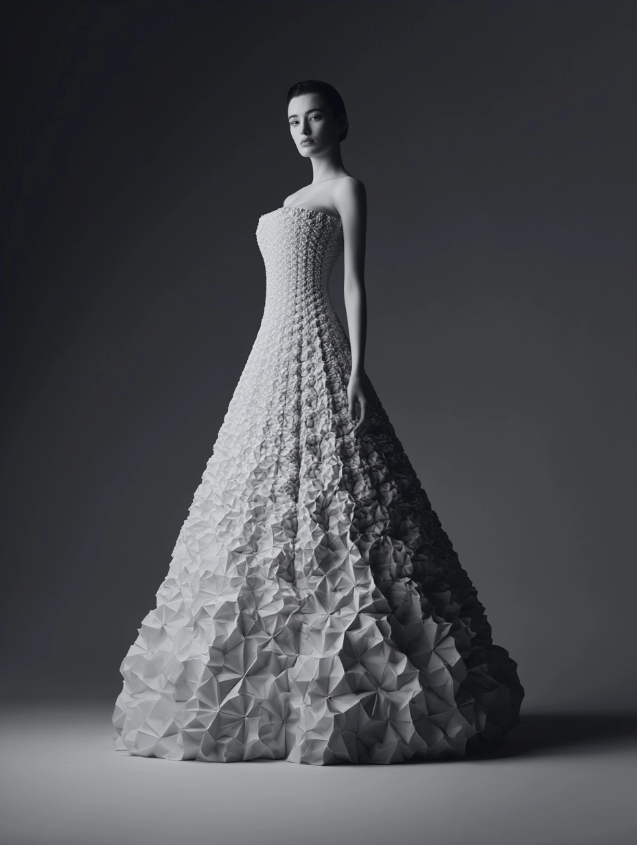Avant-garde couture dress inspired by Escher tessellations