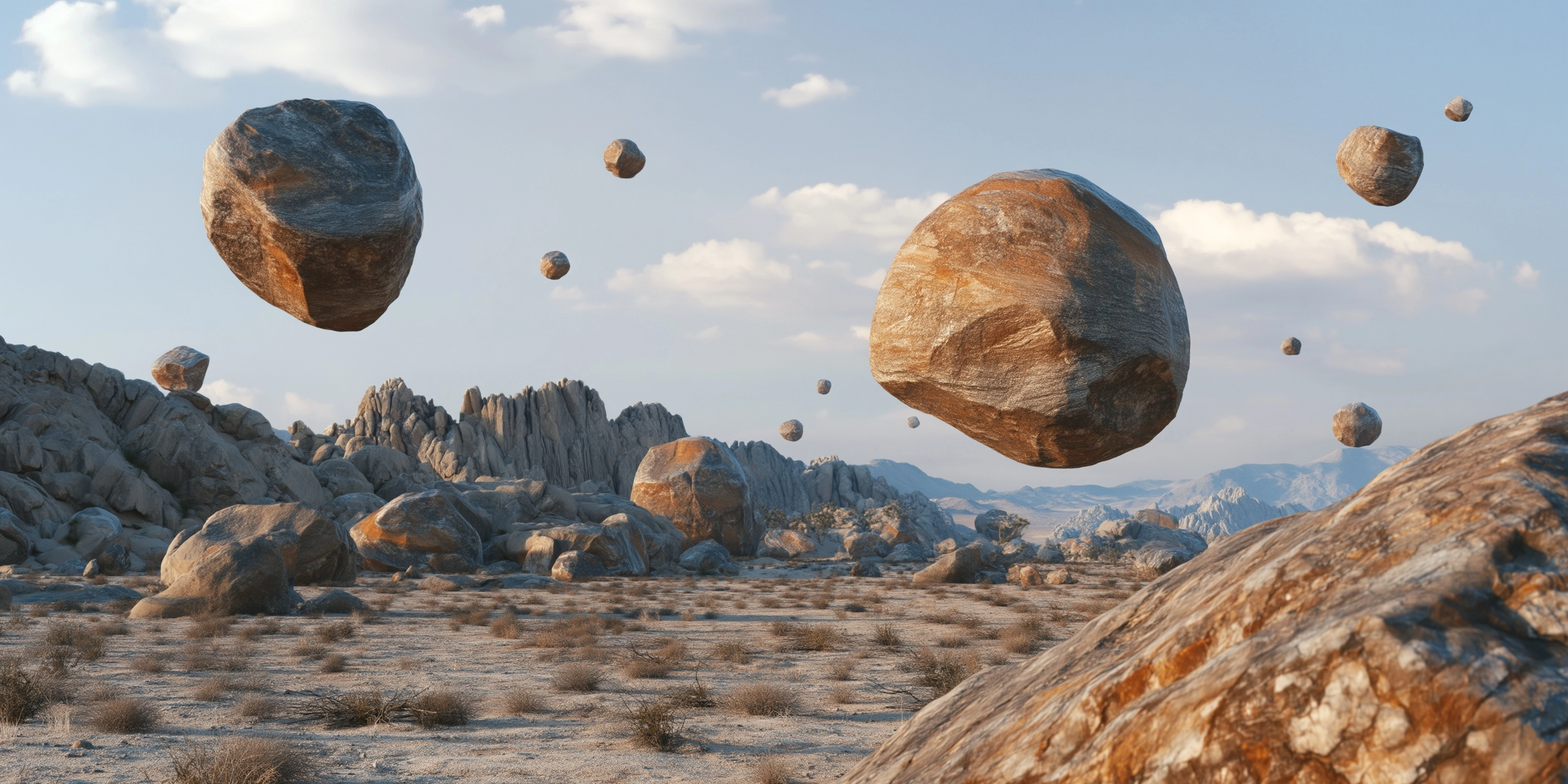 Levitating boulders, over the desert, lots of boulders, rocky scenery, realistic photography
