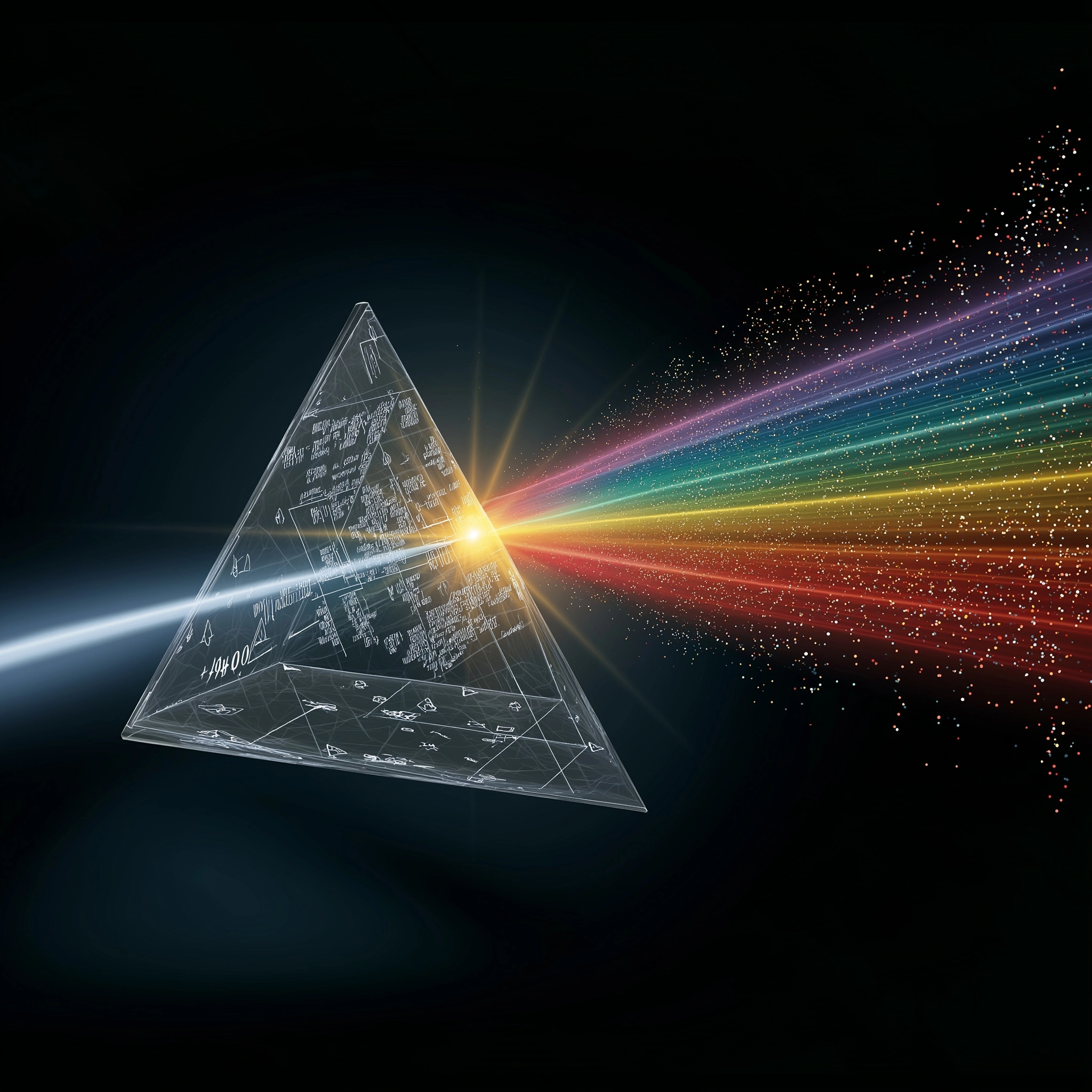Scientific visualization of light dispersion through a prism floating in absolute black space