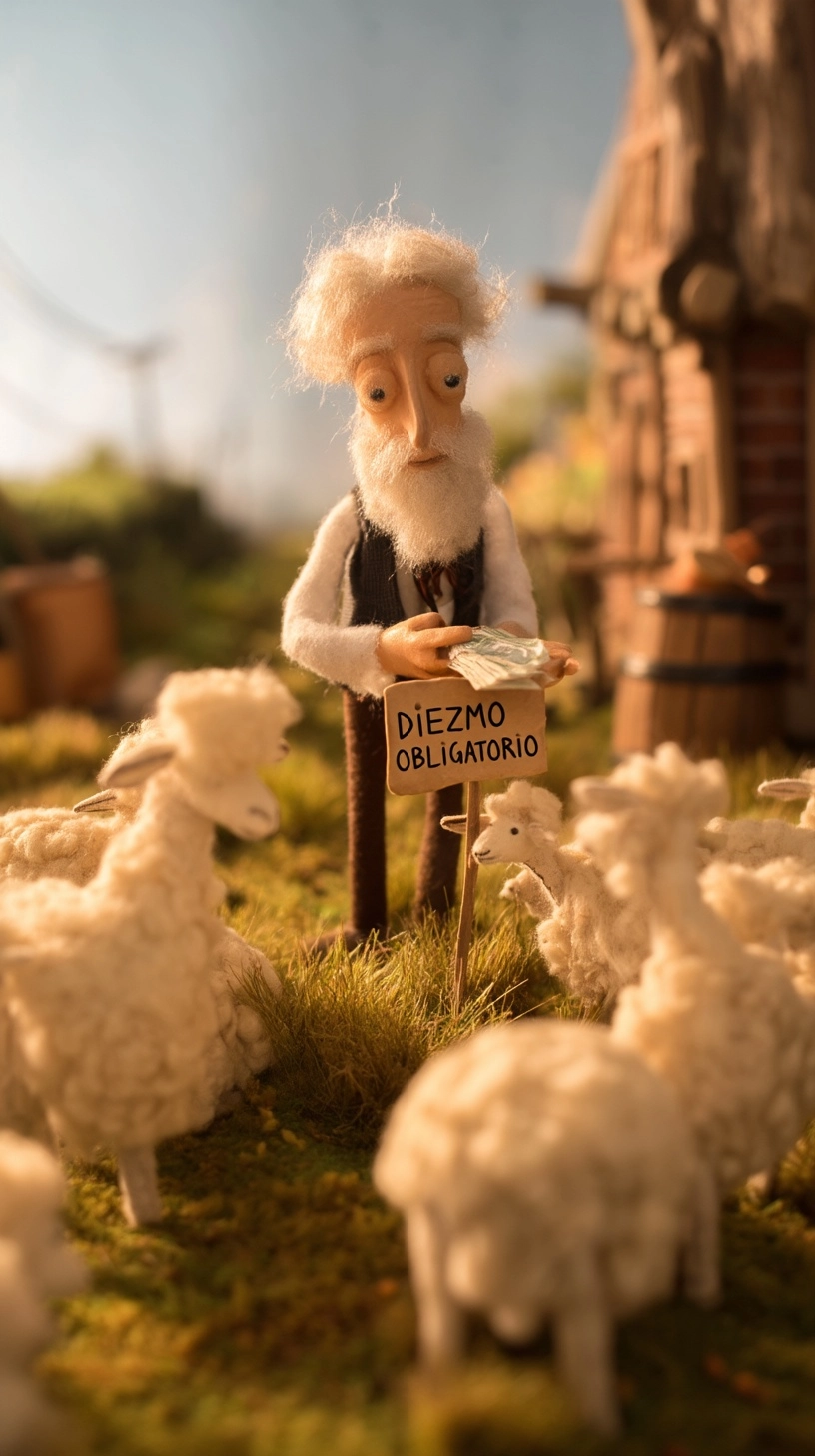 Ovejas dando dinero a un pastor con un letrero que dice "Diezmo Obligatorio" , day light