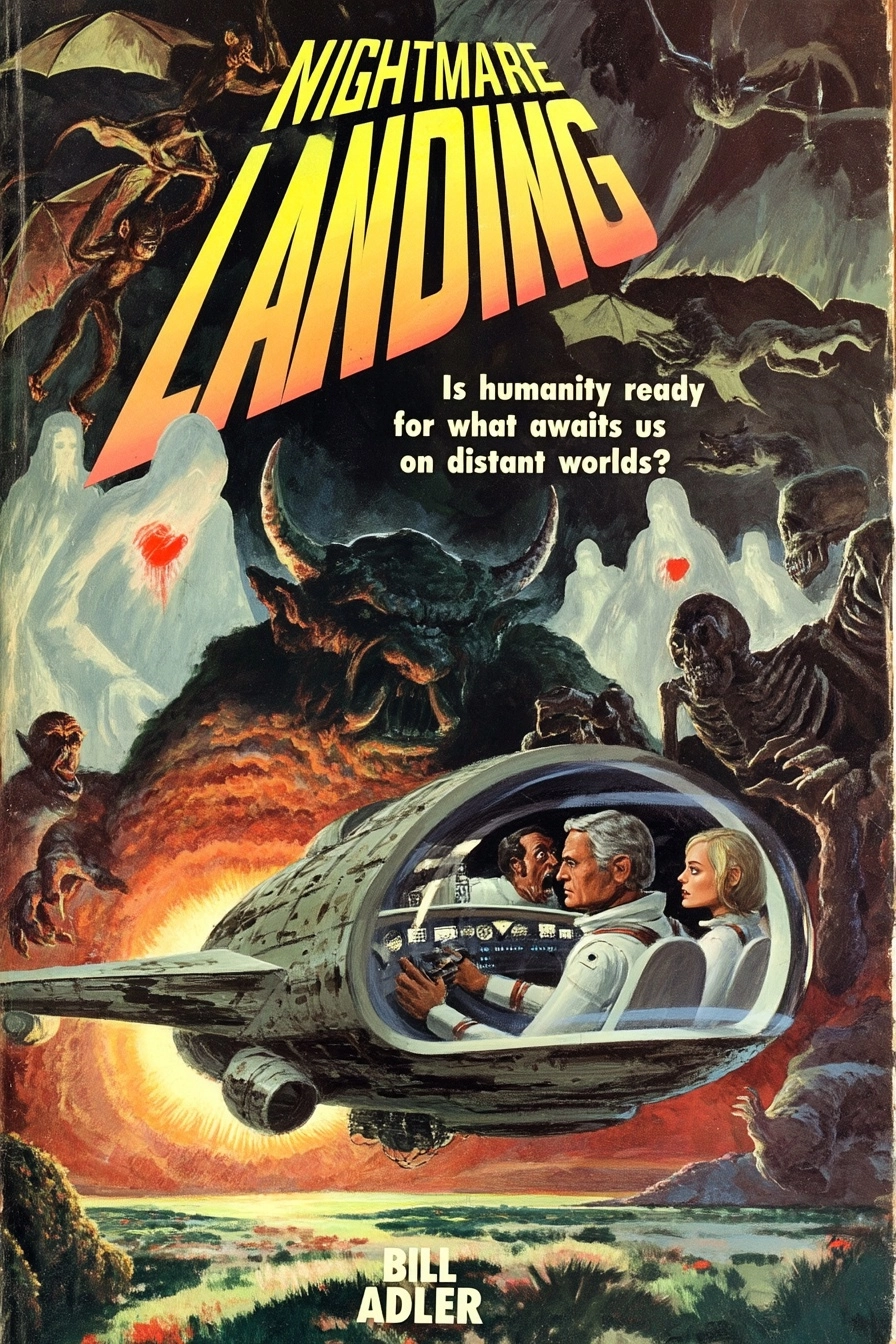 A hand-painted 1970’s vintage sci-fi pulp novel or magazine cover depicting a terrifying alien landi
