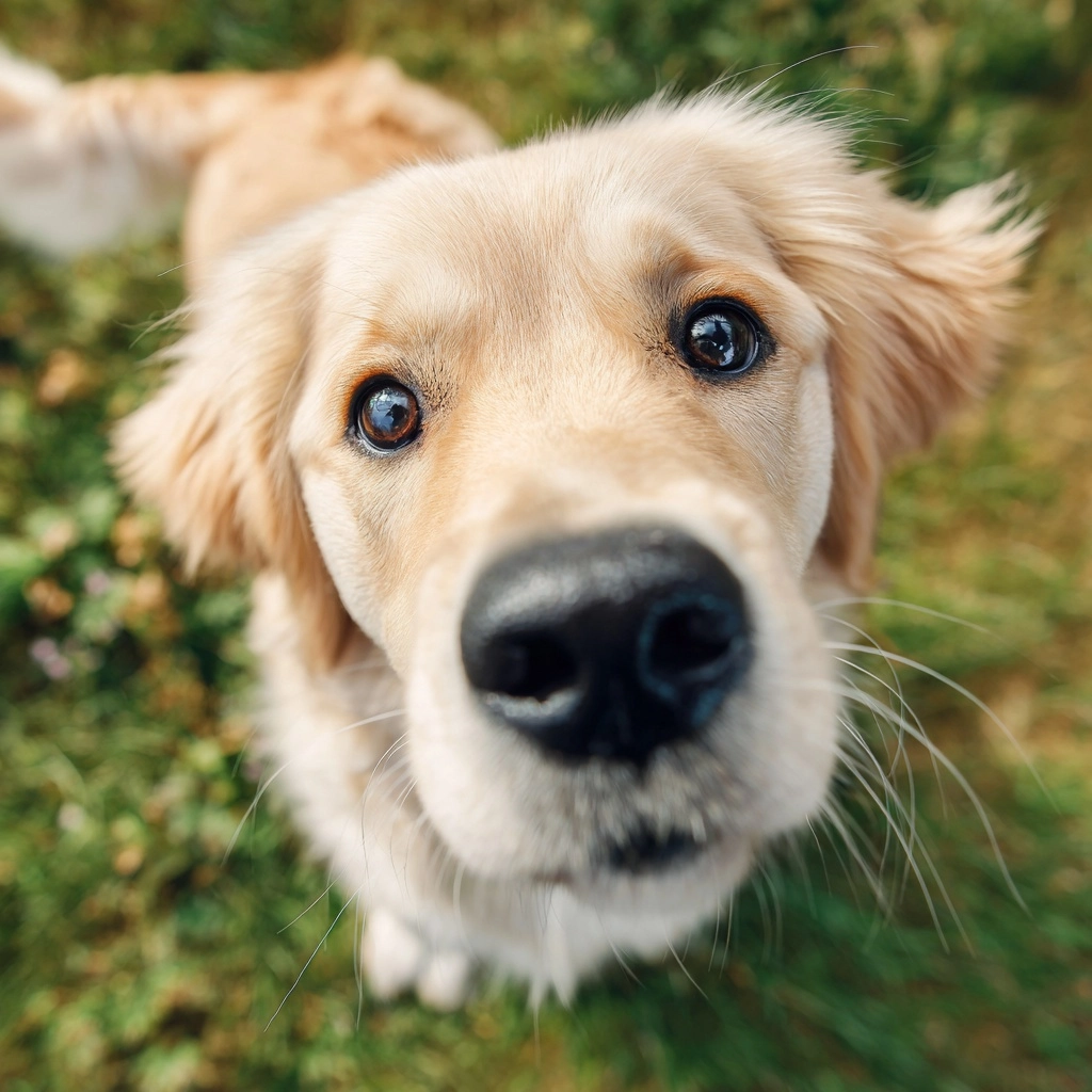 A real life photo of from high angle young adult Golden Retriever with eyes gleaming, curious