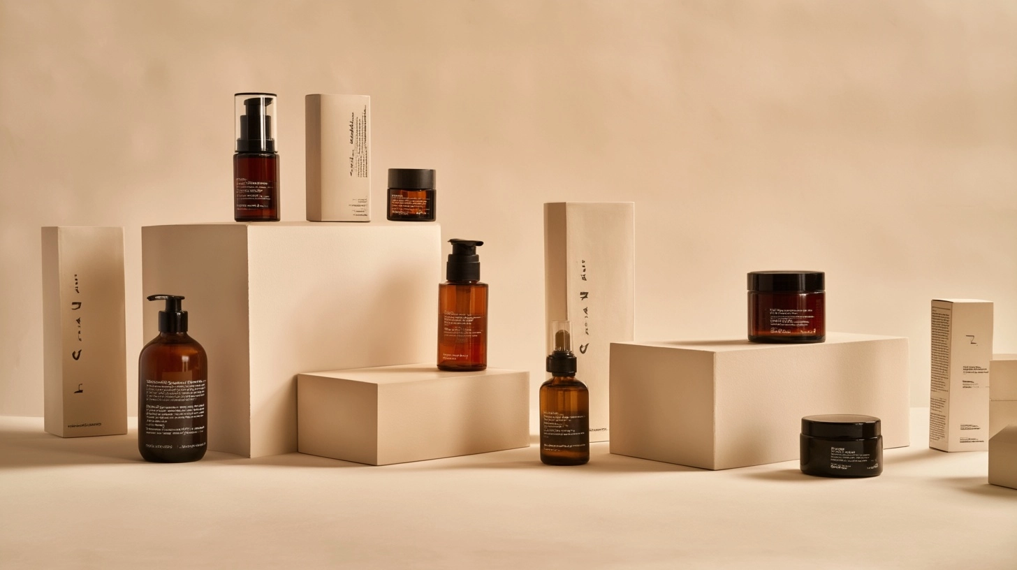 Ready to launch skincare brand collection, multiple cosmetic products with packaging boxes and bottl
