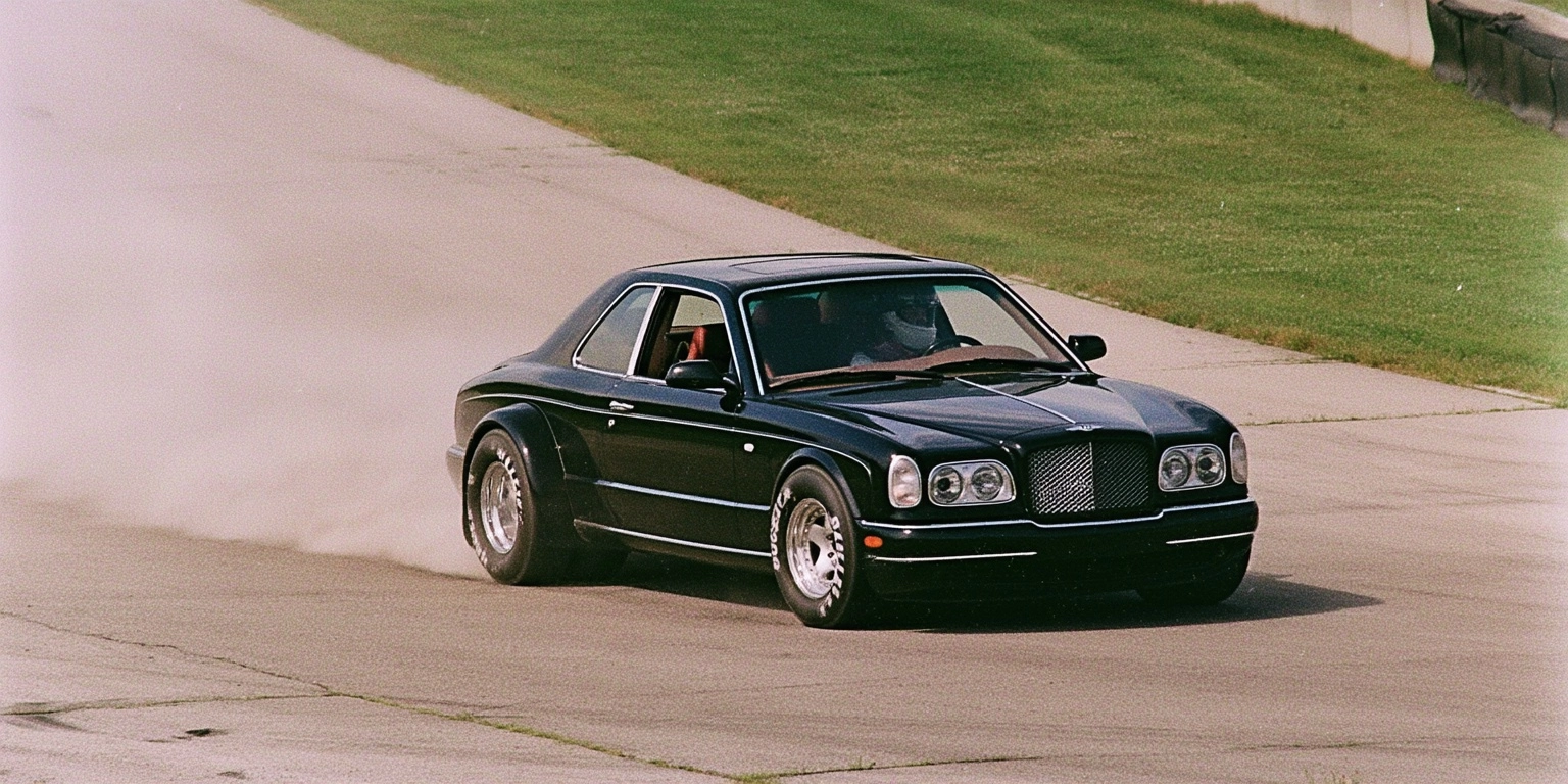 Analog action photograph of a 1996 Bentley Continental R Mulliner (with nascar dually wheels tyres)