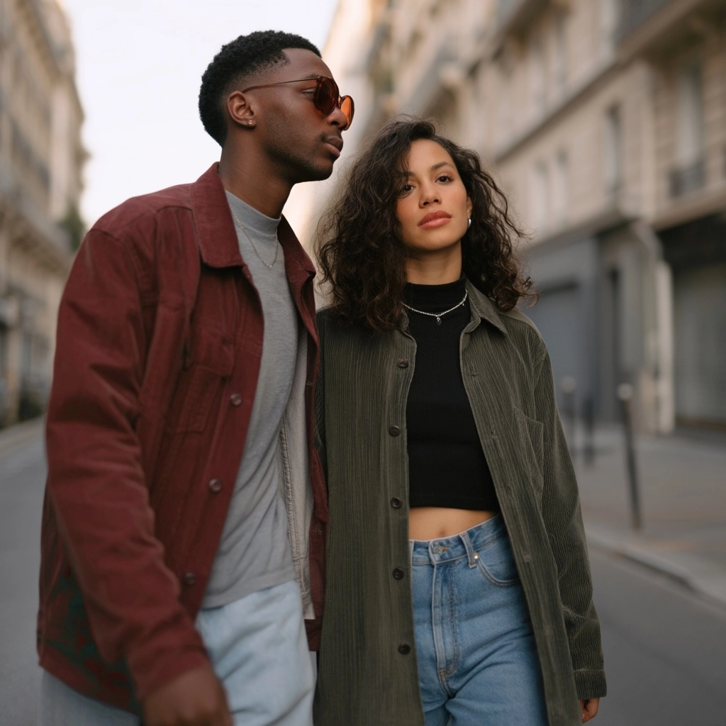 Un couple Gen Z marche dans une rue de paris, extreme close up, colored