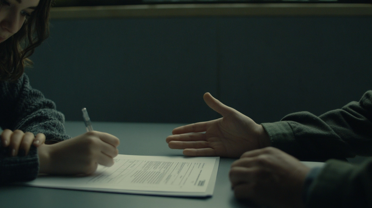 Documentary style cinematic still, young adult signing paperwork at a desk