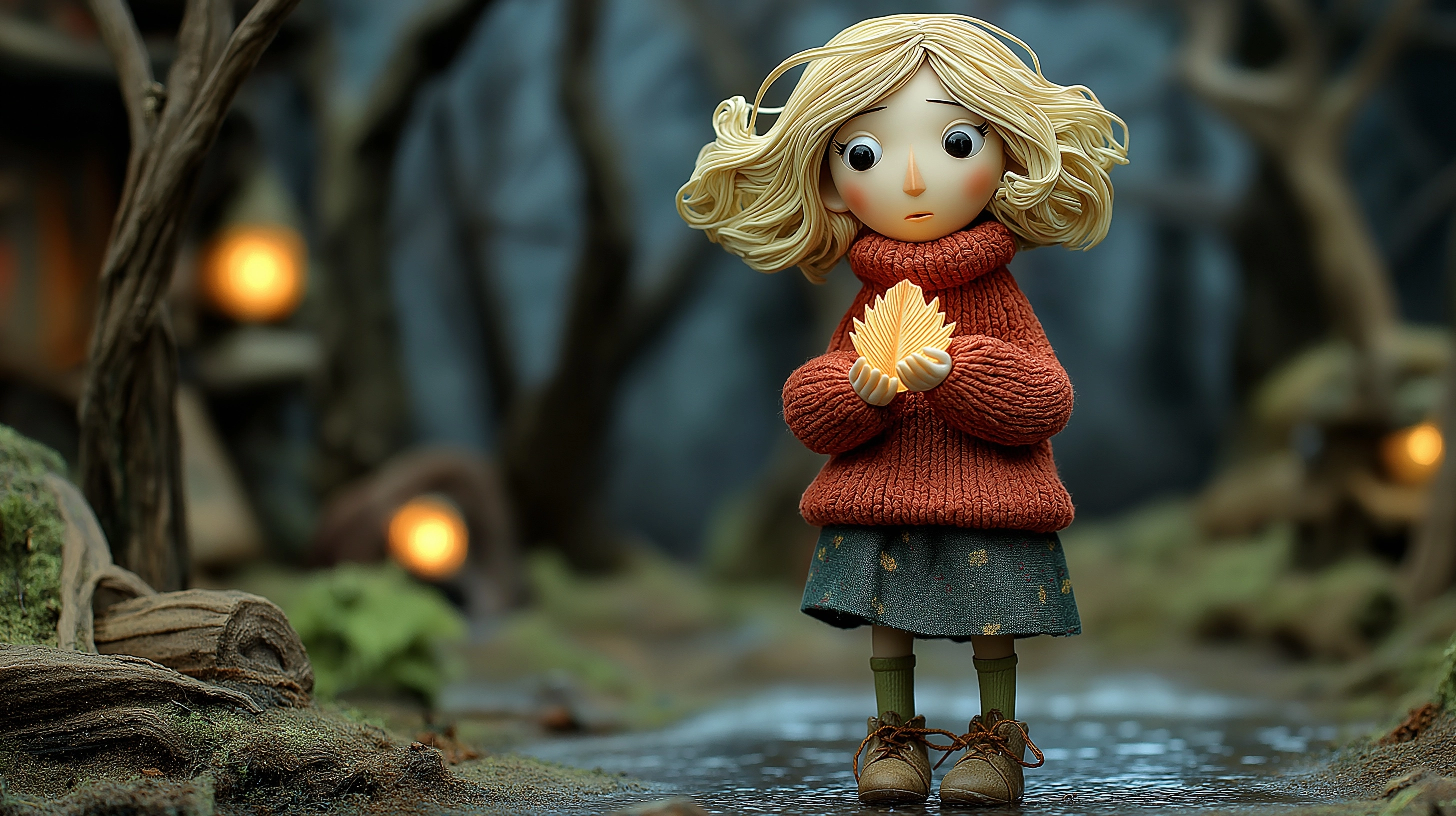 A misty swamp at dusk. A young woman with blonde felt hair, round porcelain face, large dark eyes