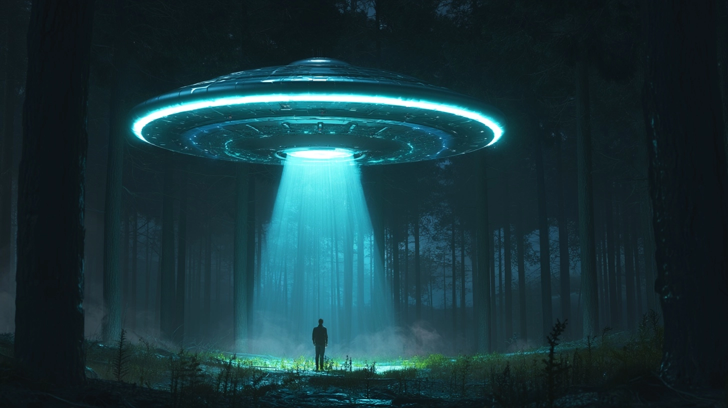 A glowing alien UFO hovering low over a forest at night abducting a man