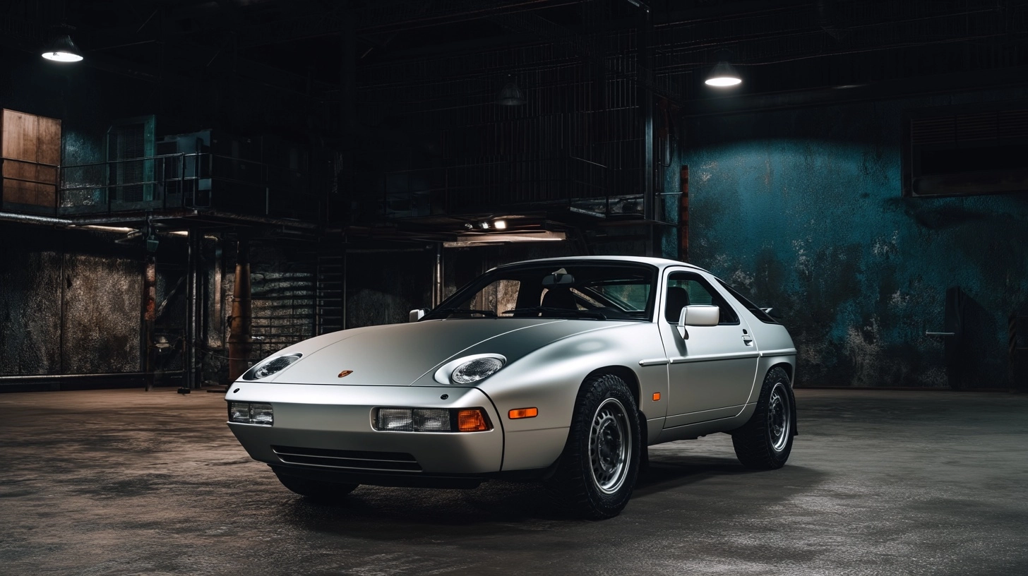 1982 silver Porsche 928 safari edition sitting in a dark hangar like garage
