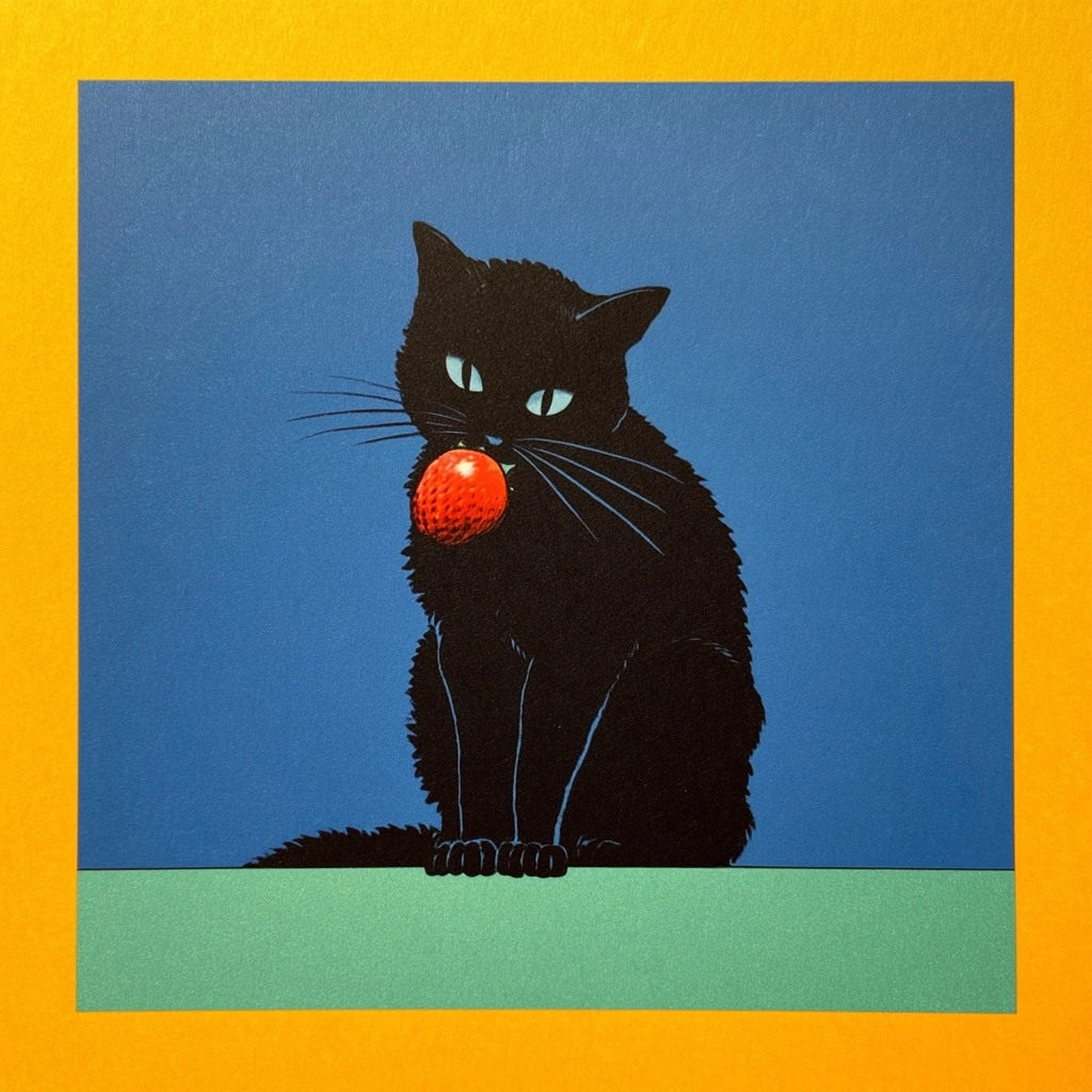 A black cat eating a strawberry, a simple illustration in the style of katsuhiro otomo and jean gira