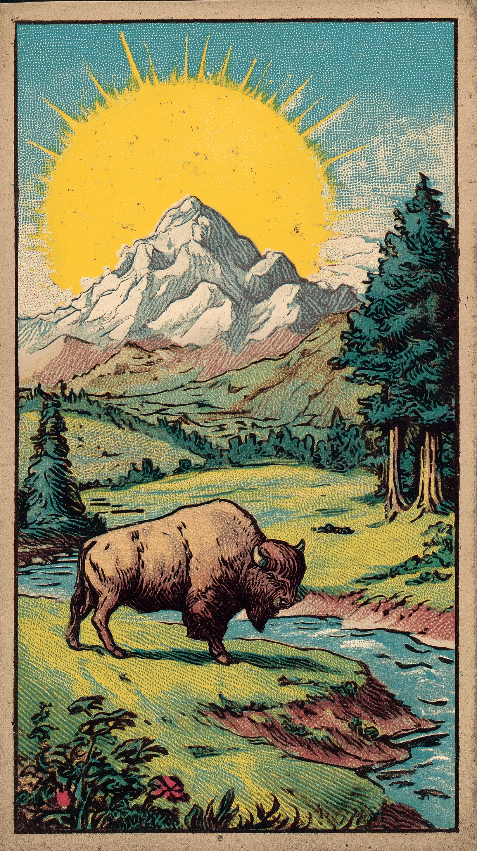 Vintage drawing of a yellowstone with a buffalo off in the distance, matchbox style, antique