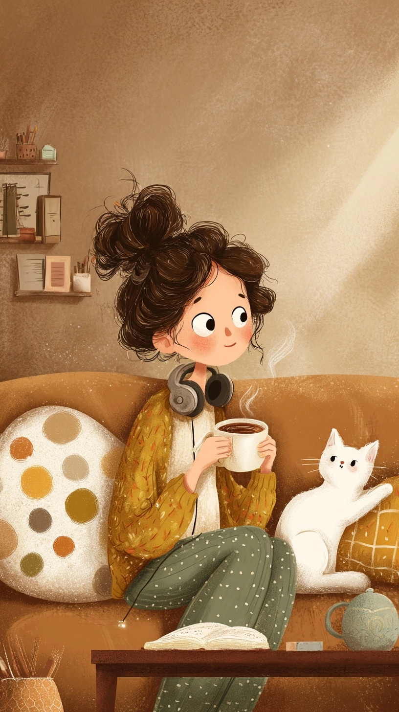 A whimsical illustration of an artist sitting on a cozy sofa enjoying a cup of coffee while listenin