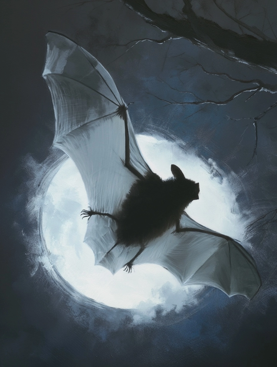 Skeletal feet gripping tightly to branches, wings outstretched against a full moon