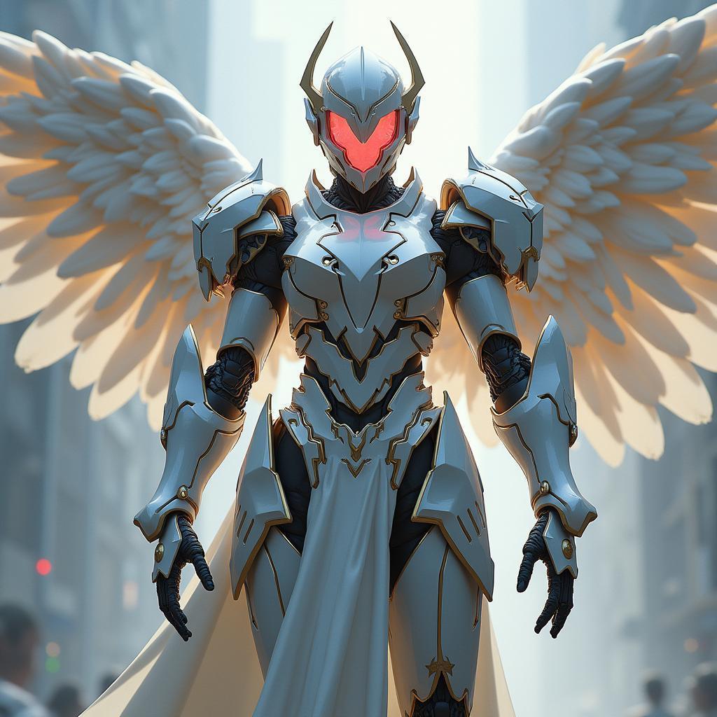 Winged Mecha Warrior With Heart Visor Helmet