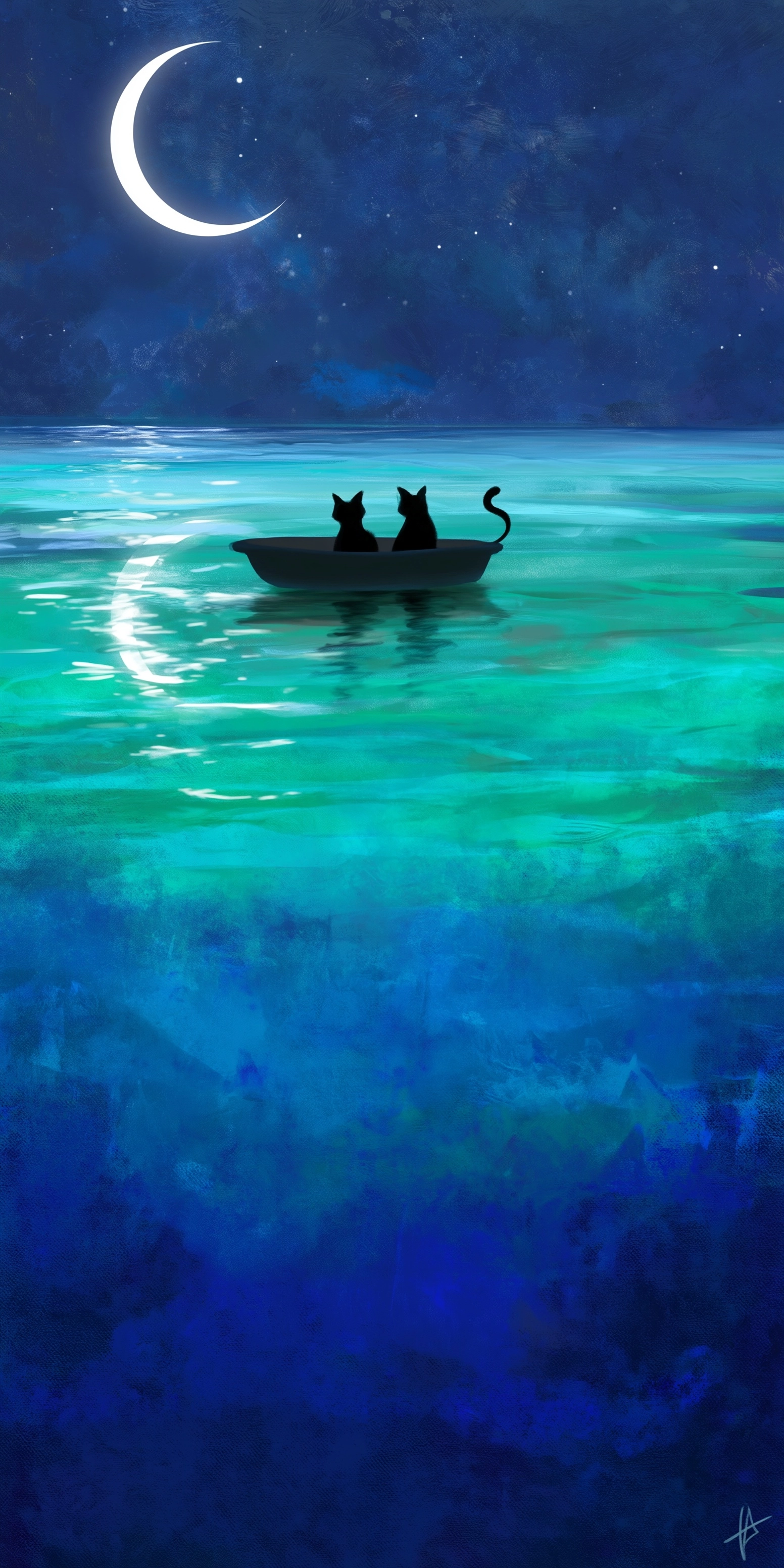 Digital painting style. Silhouettes of two tiny black cats nestled in a small boat gently floating o