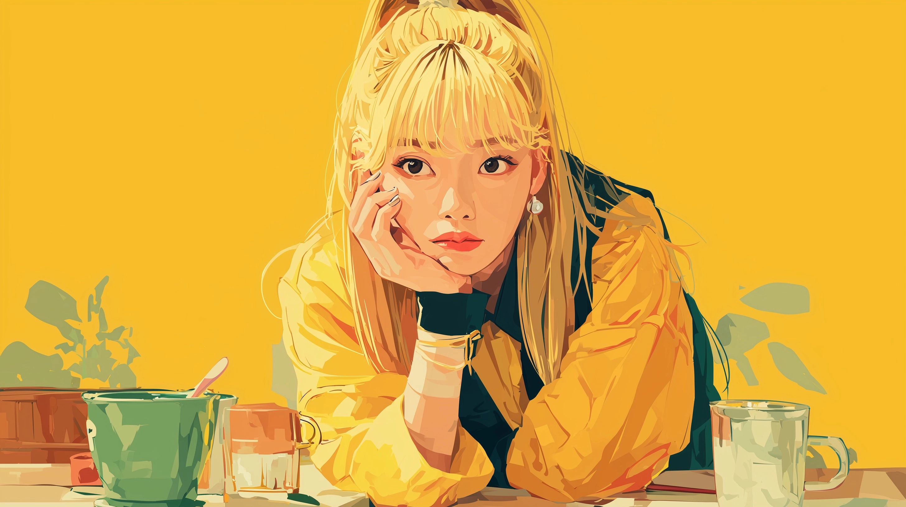 A beautiful k-pop girl with blonde hair and bangs, holding her face in one hand while sitting at a t