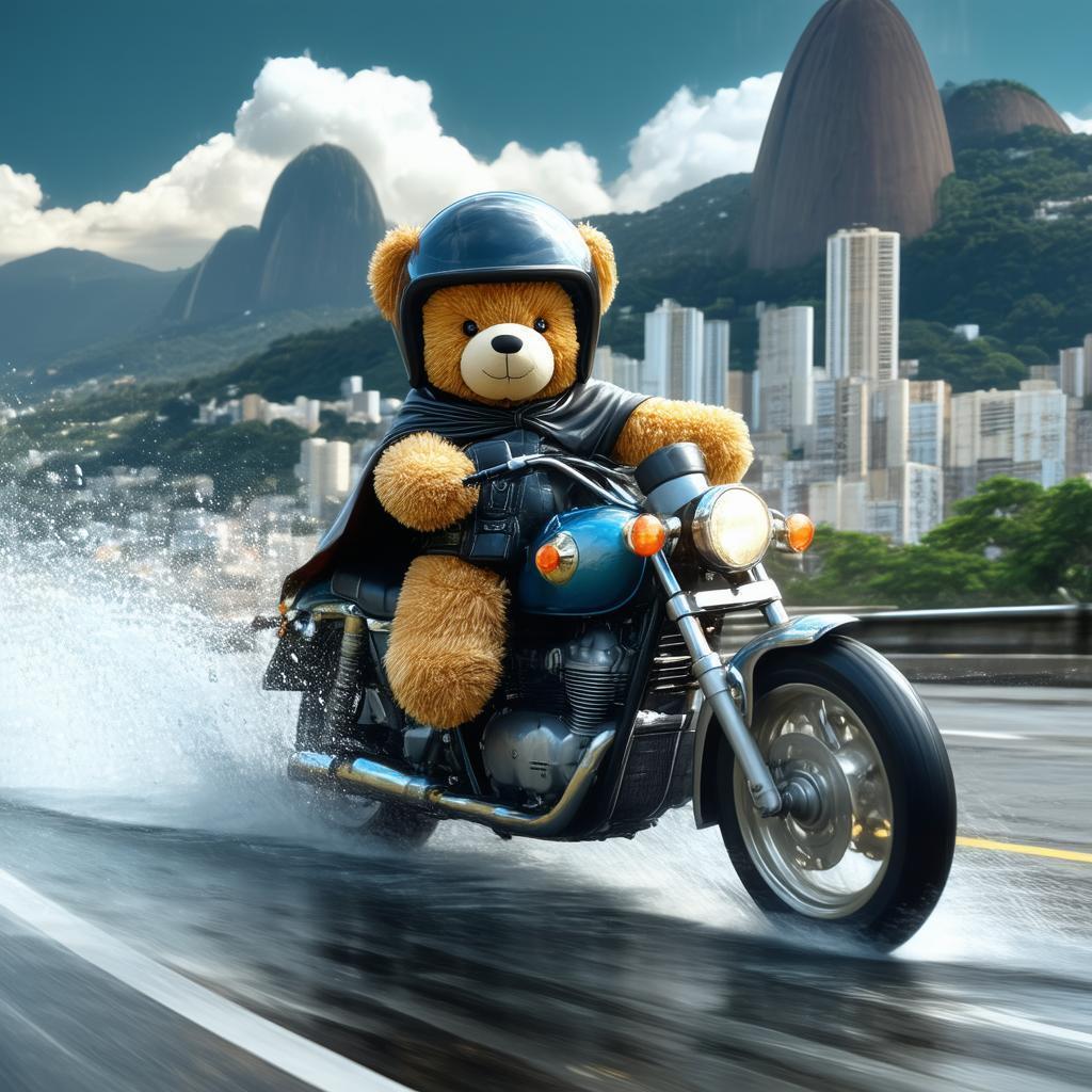 Caped Teddy Bear Racing Through Rio