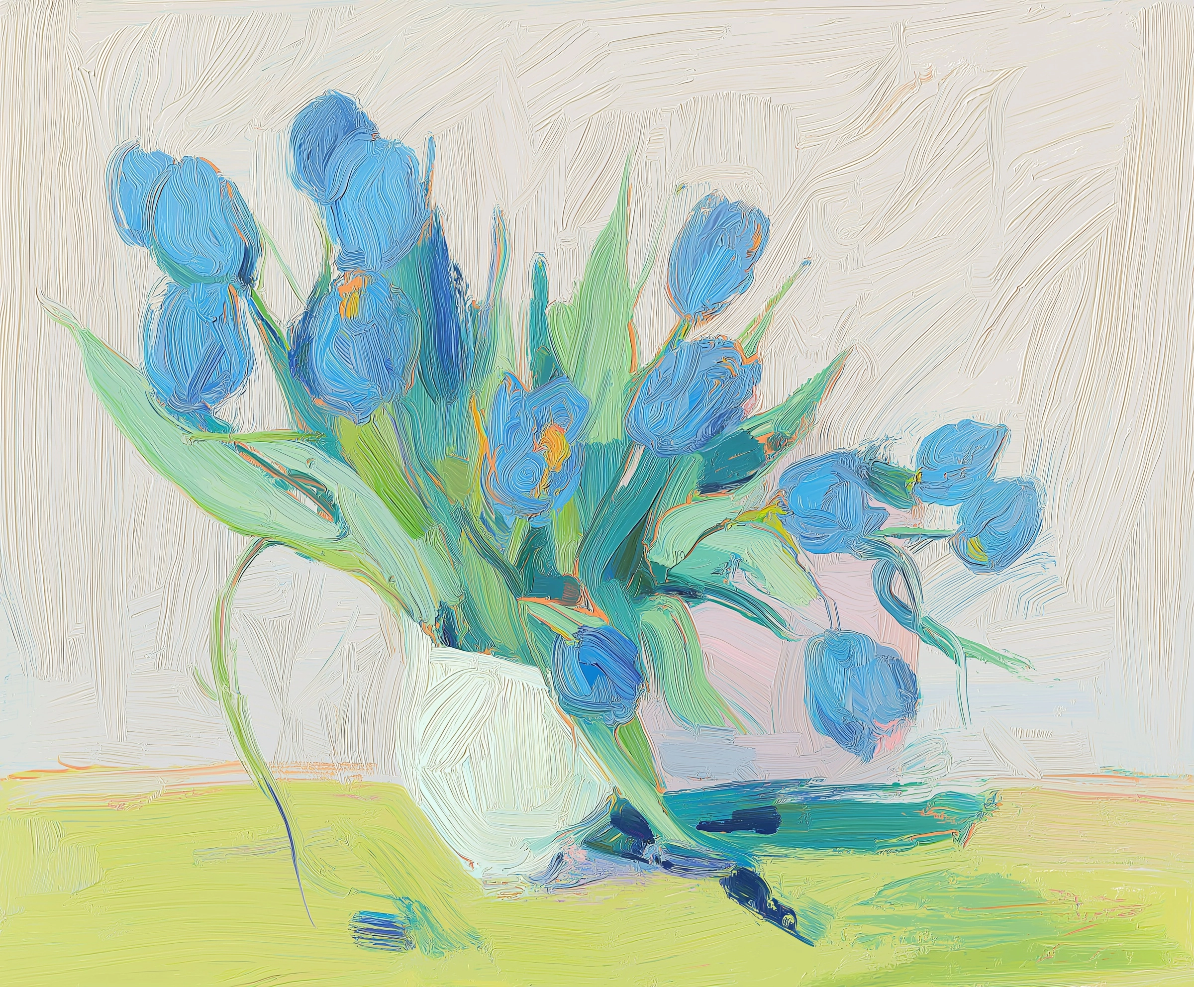 This painting depicts a bouquet of blooming blue tulips arranged in a white vase. The tulip petals d
