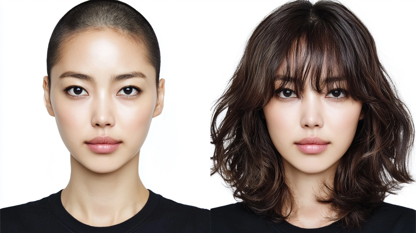 2 split. passport photo same Korean actress with black T-shirt. white solid background. 1 - An actre