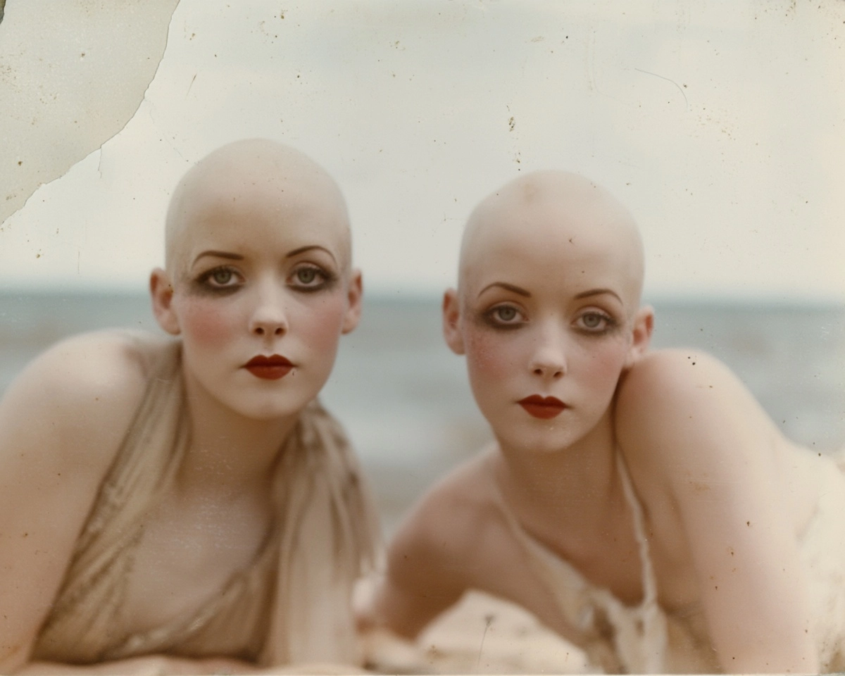 A full color screen capture from a 1950s beach film, bizarre and creepy pop